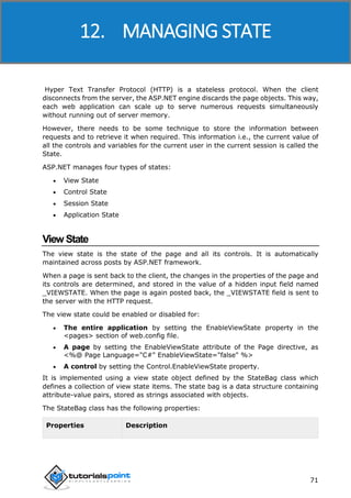 ASP.NET
71
Hyper Text Transfer Protocol (HTTP) is a stateless protocol. When the client
disconnects from the server, the ASP.NET engine discards the page objects. This way,
each web application can scale up to serve numerous requests simultaneously
without running out of server memory.
However, there needs to be some technique to store the information between
requests and to retrieve it when required. This information i.e., the current value of
all the controls and variables for the current user in the current session is called the
State.
ASP.NET manages four types of states:
 View State
 Control State
 Session State
 Application State
View State
The view state is the state of the page and all its controls. It is automatically
maintained across posts by ASP.NET framework.
When a page is sent back to the client, the changes in the properties of the page and
its controls are determined, and stored in the value of a hidden input field named
_VIEWSTATE. When the page is again posted back, the _VIEWSTATE field is sent to
the server with the HTTP request.
The view state could be enabled or disabled for:
 The entire application by setting the EnableViewState property in the
<pages> section of web.config file.
 A page by setting the EnableViewState attribute of the Page directive, as
<%@ Page Language="C#" EnableViewState="false" %>
 A control by setting the Control.EnableViewState property.
It is implemented using a view state object defined by the StateBag class which
defines a collection of view state items. The state bag is a data structure containing
attribute-value pairs, stored as strings associated with objects.
The StateBag class has the following properties:
Properties Description
12. MANAGING STATE
 