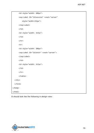 ASP.NET
79
<td style="width: 209px">
<asp:Label ID="lblsession" runat="server"
style="width:231px">
</asp:Label>
</td>
<td style="width: 317px">
</td>
</tr>
<tr>
<td style="width: 209px">
<asp:Label ID="lblshstr" runat="server">
</asp:Label>
</td>
<td style="width: 317px">
</td>
</tr>
</table>
</div>
</form>
</body>
</html>
It should look like the following in design view:
 