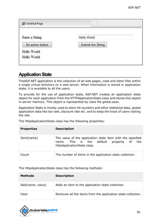 ASP.NET
81
ApplicationState
TheASP.NET application is the collection of all web pages, code and other files within
a single virtual directory on a web server. When information is stored in application
state, it is available to all the users.
To provide for the use of application state, ASP.NET creates an application state
object for each application from the HTTPApplicationState class and stores this object
in server memory. This object is represented by class file global.asax.
Application State is mostly used to store hit counters and other statistical data, global
application data like tax rate, discount rate etc. and to keep the track of users visiting
the site.
The HttpApplicationState class has the following properties:
Properties Description
Item(name) The value of the application state item with the specified
name. This is the default property of the
HttpApplicationState class.
Count The number of items in the application state collection.
The HttpApplicationState class has the following methods:
Methods Description
Add(name, value) Adds an item to the application state collection.
Clear Removes all the items from the application state collection.
 