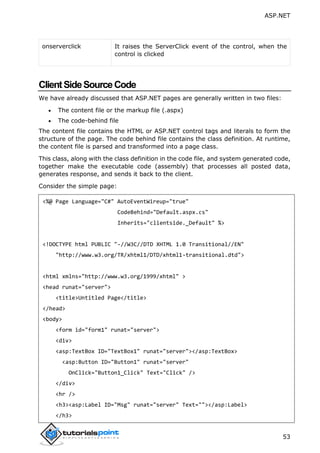 ASP.NET
53
onserverclick It raises the ServerClick event of the control, when the
control is clicked
ClientSideSourceCode
...