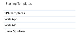SPA Templates
Web App
Web API
Blank Solution
Starting Templates
 