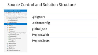 Source Control and Solution Structure
.gitignore
.editorconfig
global.json
Project.Web
Project.Tests
 