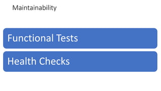 Functional Tests
Health Checks
Maintainability
 