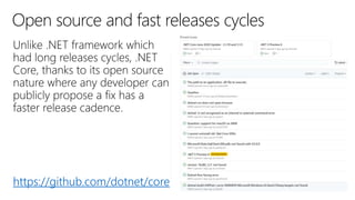 Open source and fast releases cycles
https://github.com/dotnet/core
 