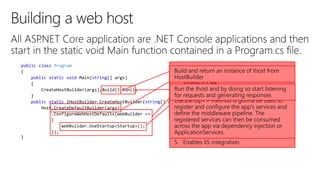 public class Program
{
public static void Main(string[] args)
{
CreateHostBuilder(args).Build().Run();
}
public static IHostBuilder CreateHostBuilder(string[] args) =>
Host.CreateDefaultBuilder(args)
.ConfigureWebHostDefaults(webBuilder =>
{
webBuilder.UseStartup<Startup>();
});
}
 