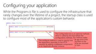 public class Startup
{
public void ConfigureServices(IServiceCollection services)
{
}
public void Configure Configure(IApplicationBuilder app, IWebHostEnvironment env)
{
}
}
 