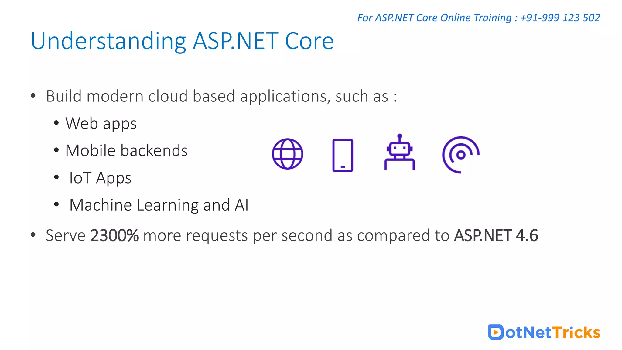For ASP.NET Core Online Training : +91-999 123 502 • Build modern cloud based applications, such as : • Web apps • Mobile backends • IoT Apps • Machine Learning and AI • Serve 2300% more requests per second as compared to ASP.NET 4.6 Understanding ASP.NET Core 