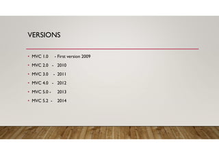 VERSIONS
• MVC 1.0 - First version 2009
• MVC 2.0 - 2010
• MVC 3.0 - 2011
• MVC 4.0 - 2012
• MVC 5.0 - 2013
• MVC 5.2 - 2014
 