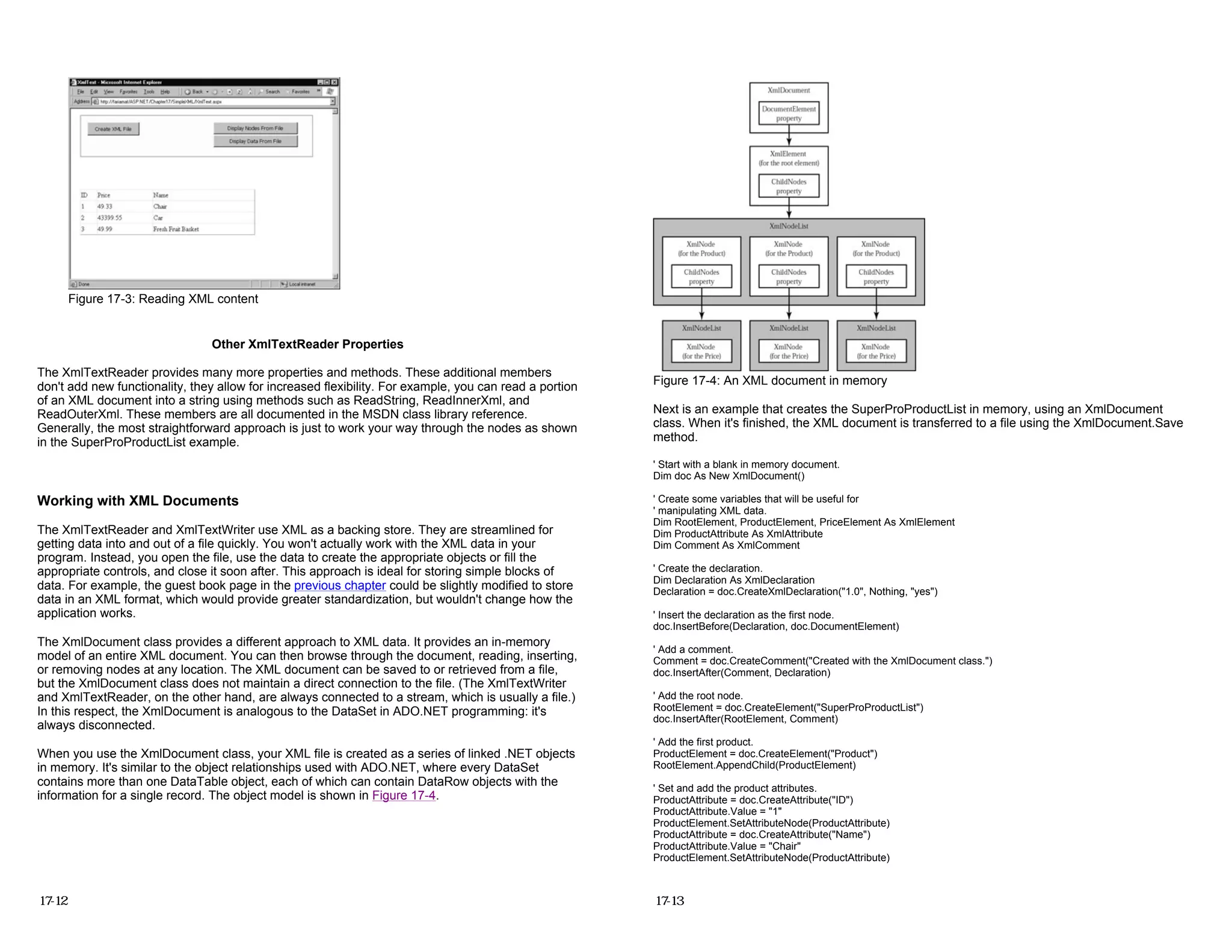 Figure 17-3: Reading XML content
Other XmlTextReader Properties
The XmlTextReader provides many more properties and methods. These additional members
don't add new functionality, they allow for increased flexibility. For example, you can read a portion
of an XML document into a string using methods such as ReadString, ReadInnerXml, and
ReadOuterXml. These members are all documented in the MSDN class library reference.
Generally, the most straightforward approach is just to work your way through the nodes as shown
in the SuperProProductList example.
Working with XML Documents
The XmlTextReader and XmlTextWriter use XML as a backing store. They are streamlined for
getting data into and out of a file quickly. You won't actually work with the XML data in your
program. Instead, you open the file, use the data to create the appropriate objects or fill the
appropriate controls, and close it soon after. This approach is ideal for storing simple blocks of
data. For example, the guest book page in the previous chapter could be slightly modified to store
data in an XML format, which would provide greater standardization, but wouldn't change how the
application works.
The XmlDocument class provides a different approach to XML data. It provides an in-memory
model of an entire XML document. You can then browse through the document, reading, inserting,
or removing nodes at any location. The XML document can be saved to or retrieved from a file,
but the XmlDocument class does not maintain a direct connection to the file. (The XmlTextWriter
and XmlTextReader, on the other hand, are always connected to a stream, which is usually a file.)
In this respect, the XmlDocument is analogous to the DataSet in ADO.NET programming: it's
always disconnected.
When you use the XmlDocument class, your XML file is created as a series of linked .NET objects
in memory. It's similar to the object relationships used with ADO.NET, where every DataSet
contains more than one DataTable object, each of which can contain DataRow objects with the
information for a single record. The object model is shown in Figure 17-4.
17-12
Figure 17-4: An XML document in memory
Next is an example that creates the SuperProProductList in memory, using an XmlDocument
class. When it's finished, the XML document is transferred to a file using the XmlDocument.Save
method.
' Start with a blank in memory document.
Dim doc As New XmlDocument()
' Create some variables that will be useful for
' manipulating XML data.
Dim RootElement, ProductElement, PriceElement As XmlElement
Dim ProductAttribute As XmlAttribute
Dim Comment As XmlComment
' Create the declaration.
Dim Declaration As XmlDeclaration
Declaration = doc.CreateXmlDeclaration("1.0", Nothing, "yes")
' Insert the declaration as the first node.
doc.InsertBefore(Declaration, doc.DocumentElement)
' Add a comment.
Comment = doc.CreateComment("Created with the XmlDocument class.")
doc.InsertAfter(Comment, Declaration)
' Add the root node.
RootElement = doc.CreateElement("SuperProProductList")
doc.InsertAfter(RootElement, Comment)
' Add the first product.
ProductElement = doc.CreateElement("Product")
RootElement.AppendChild(ProductElement)
' Set and add the product attributes.
ProductAttribute = doc.CreateAttribute("ID")
ProductAttribute.Value = "1"
ProductElement.SetAttributeNode(ProductAttribute)
ProductAttribute = doc.CreateAttribute("Name")
ProductAttribute.Value = "Chair"
ProductElement.SetAttributeNode(ProductAttribute)
17-13
 