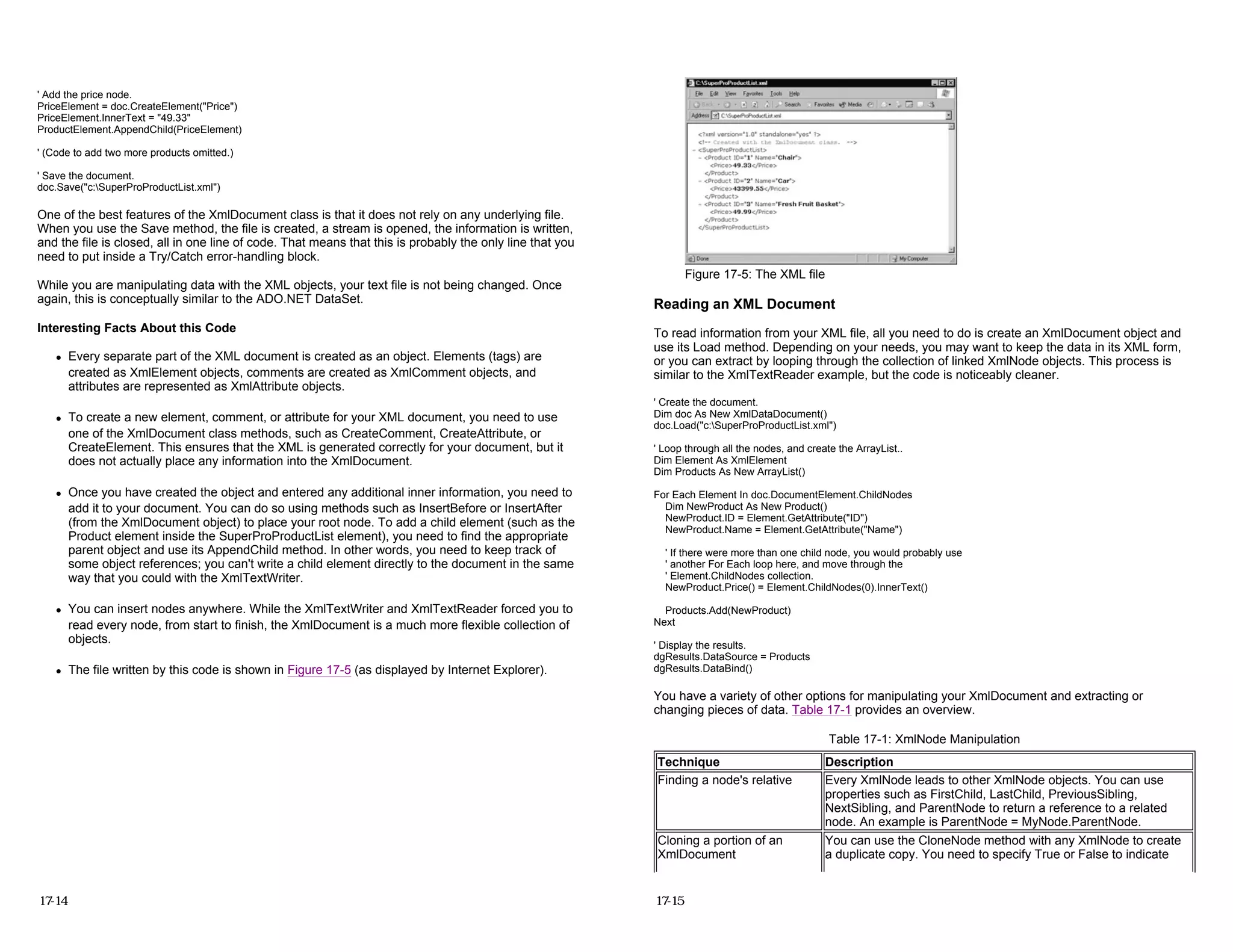 ' Add the price node.
PriceElement = doc.CreateElement("Price")
PriceElement.InnerText = "49.33"
ProductElement.AppendChild(PriceElement)
' (Code to add two more products omitted.)
' Save the document.
doc.Save("c:SuperProProductList.xml")
One of the best features of the XmlDocument class is that it does not rely on any underlying file.
When you use the Save method, the file is created, a stream is opened, the information is written,
and the file is closed, all in one line of code. That means that this is probably the only line that you
need to put inside a Try/Catch error-handling block.
While you are manipulating data with the XML objects, your text file is not being changed. Once
again, this is conceptually similar to the ADO.NET DataSet.
Interesting Facts About this Code
z Every separate part of the XML document is created as an object. Elements (tags) are
created as XmlElement objects, comments are created as XmlComment objects, and
attributes are represented as XmlAttribute objects.
z To create a new element, comment, or attribute for your XML document, you need to use
one of the XmlDocument class methods, such as CreateComment, CreateAttribute, or
CreateElement. This ensures that the XML is generated correctly for your document, but it
does not actually place any information into the XmlDocument.
z Once you have created the object and entered any additional inner information, you need to
add it to your document. You can do so using methods such as InsertBefore or InsertAfter
(from the XmlDocument object) to place your root node. To add a child element (such as the
Product element inside the SuperProProductList element), you need to find the appropriate
parent object and use its AppendChild method. In other words, you need to keep track of
some object references; you can't write a child element directly to the document in the same
way that you could with the XmlTextWriter.
z You can insert nodes anywhere. While the XmlTextWriter and XmlTextReader forced you to
read every node, from start to finish, the XmlDocument is a much more flexible collection of
objects.
z The file written by this code is shown in Figure 17-5 (as displayed by Internet Explorer).
17-14
Figure 17-5: The XML file
Reading an XML Document
To read information from your XML file, all you need to do is create an XmlDocument object and
use its Load method. Depending on your needs, you may want to keep the data in its XML form,
or you can extract by looping through the collection of linked XmlNode objects. This process is
similar to the XmlTextReader example, but the code is noticeably cleaner.
' Create the document.
Dim doc As New XmlDataDocument()
doc.Load("c:SuperProProductList.xml")
' Loop through all the nodes, and create the ArrayList..
Dim Element As XmlElement
Dim Products As New ArrayList()
For Each Element In doc.DocumentElement.ChildNodes
Dim NewProduct As New Product()
NewProduct.ID = Element.GetAttribute("ID")
NewProduct.Name = Element.GetAttribute("Name")
' If there were more than one child node, you would probably use
' another For Each loop here, and move through the
' Element.ChildNodes collection.
NewProduct.Price() = Element.ChildNodes(0).InnerText()
Products.Add(NewProduct)
Next
' Display the results.
dgResults.DataSource = Products
dgResults.DataBind()
You have a variety of other options for manipulating your XmlDocument and extracting or
changing pieces of data. Table 17-1 provides an overview.
Table 17-1: XmlNode Manipulation
Technique Description
Finding a node's relative Every XmlNode leads to other XmlNode objects. You can use
properties such as FirstChild, LastChild, PreviousSibling,
NextSibling, and ParentNode to return a reference to a related
node. An example is ParentNode = MyNode.ParentNode.
Cloning a portion of an
XmlDocument
You can use the CloneNode method with any XmlNode to create
a duplicate copy. You need to specify True or False to indicate
17-15
 
