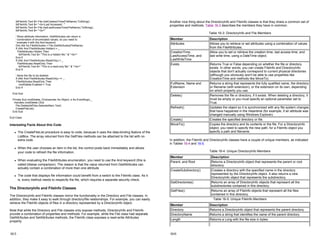 lblFileInfo.Text &= File.GetCreationTime(FileName).ToString()
lblFileInfo.Text &= "<br>Last Accessed : "
lblFileInfo.Text &= File.GetLastAccessTime(FileName).ToString()
lblFileInfo.Text &= "<br>"
' Show attribute information. GetAttributes can return a
' combination of enumerated values, so you need to
' evaluate it with the And keyword.
Dim Attr As FileAttributes = File.GetAttributes(FileName)
If (Attr And FileAttributes.Hidden) = _
FileAttributes.Hidden Then
lblFileInfo.Text &= "This is a hidden file." & "<br>"
End If
If (Attr And FileAttributes.ReadOnly) = _
FileAttributes.ReadOnly Then
lblFileInfo.Text &= "This is a read-only file." & "<br>"
End If
' Allow the file to be deleted.
If (Attr And FileAttributes.ReadOnly) <> _
FileAttributes.ReadOnly Then
cmdDelete.Enabled = True
End If
End Sub
Private Sub cmdDelete_Click(sender As Object, e As EventArgs) _
Handles cmdDelete.Click
File.Delete(lstFiles.SelectedItem.Text)
CreateFileList()
End Sub
End Class
Interesting Facts About this Code
z The CreateFileList procedure is easy to code, because it uses the data-binding feature of the
ListBox. The array returned from the GetFiles methods can be attached to the list with no
extra code.
z When the user chooses an item in the list, the control posts back immediately and allows
your code to refresh the file information.
z When evaluating the FileAttributes enumeration, you need to use the And keyword (this is
called bitwise comparison). The reason is that the value returned from GetAttributes can
actually contain a combination of more than one attribute.
z The code that displays file information could benefit from a switch to the FileInfo class. As it
is, every method needs to respecify the file, which requires a separate security check.
The DirectoryInfo and FileInfo Classes
The DirectoryInfo and FileInfo classes mirror the functionality in the Directory and File classes. In
addition, they make it easy to walk through directory/file relationships. For example, you can easily
retrieve the FileInfo objects of files in a directory represented by a DirectoryInfo object.
Note that while the Directory and File classes only expose methods, DirectoryInfo and FileInfo
provide a combination of properties and methods. For example, while the File class had separate
GetAttributes and SetAttributes methods, the FileInfo class exposes a read-write Attributes
property.
16-5
Another nice thing about the DirectoryInfo and FileInfo classes is that they share a common set of
properties and methods. Table 16-3 describes the members they have in common.
In addition, the FileInfo and DirectoryInfo classes have a couple of unique members, as indicated
in Tables 16-4 and 16-5.
Table 16-3: DirectoryInfo and File Members
Member Description
Attributes Allows you to retrieve or set attributes using a combination of values
from the FileAttributes.
CreationTime,
LastAccessTime, and
LastWriteTime
Allow you to set or retrieve the creation time, last access time, and
last write time, using a DateTime object.
Exists Returns True or False depending on whether the file or directory
exists. In other words, you can create FileInfo and DirectoryInfo
objects that don't actually correspond to current physical directories
(although you obviously won't be able to use properties like
CreationTime and methods like MoveTo).
FullName, Name and
Extension
Returns a string that represents the fully qualified name, the directory
or filename (with extension), or the extension on its own, depending
on which property you use.
Delete() Removes the file or directory, if it exists. When deleting a directory, it
must be empty or you must specify an optional parameter set to
True.
Refresh() Updates the object so it is synchronized with any file system changes
that have happened in the meantime (for example, if an attribute was
changed manually using Windows Explorer).
Create() Creates the specified directory or file.
MoveTo() Copies the directory and its contents or the file. For a DirectoryInfo
object, you need to specify the new path; for a FileInfo object you
specify a path and filename.
Table 16-4: Unique DirectoryInfo Members
Member Description
Parent, and Root Returns a DirectoryInfo object that represents the parent or root
directory.
CreateSubdirectory() Creates a directory with the specified name in the directory
represented by the DirectoryInfo object. It also returns a new
DirectoryInfo object that represents the subdirectory.
GetDirectories() Returns an array of DirectoryInfo objects that represent all the
subdirectories contained in this directory.
GetFiles() Returns an array of FileInfo objects that represent all the files
contained in this directory.
Table 16-5: Unique FileInfo Members
Member Description
Directory Returns a DirectoryInfo object that represents the parent directory.
DirectoryName Returns a string that identifies the name of the parent directory.
Length Returns a Long with the file size in bytes.
16-6
 