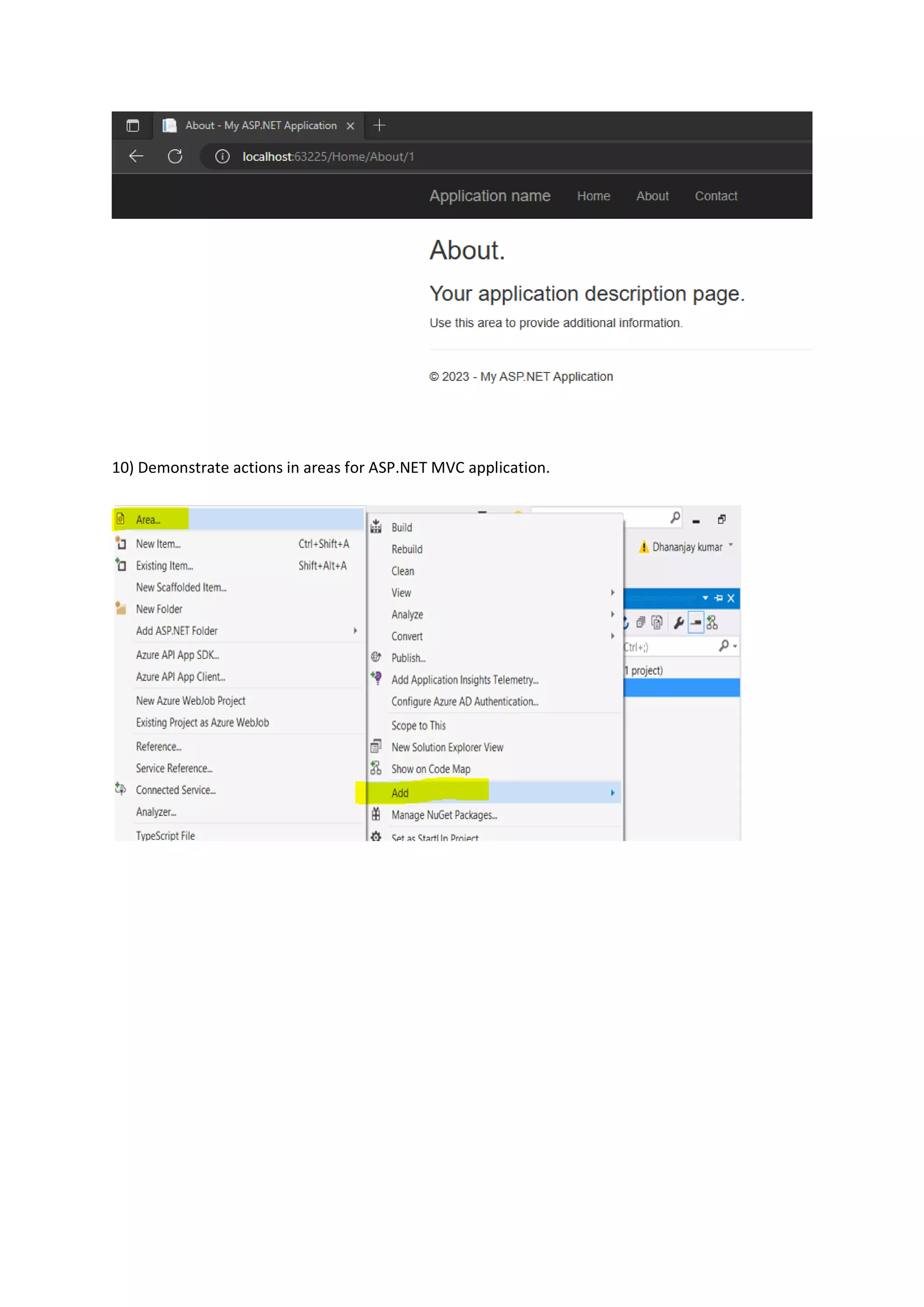 10) Demonstrate actions in areas for ASP.NET MVC application.
 