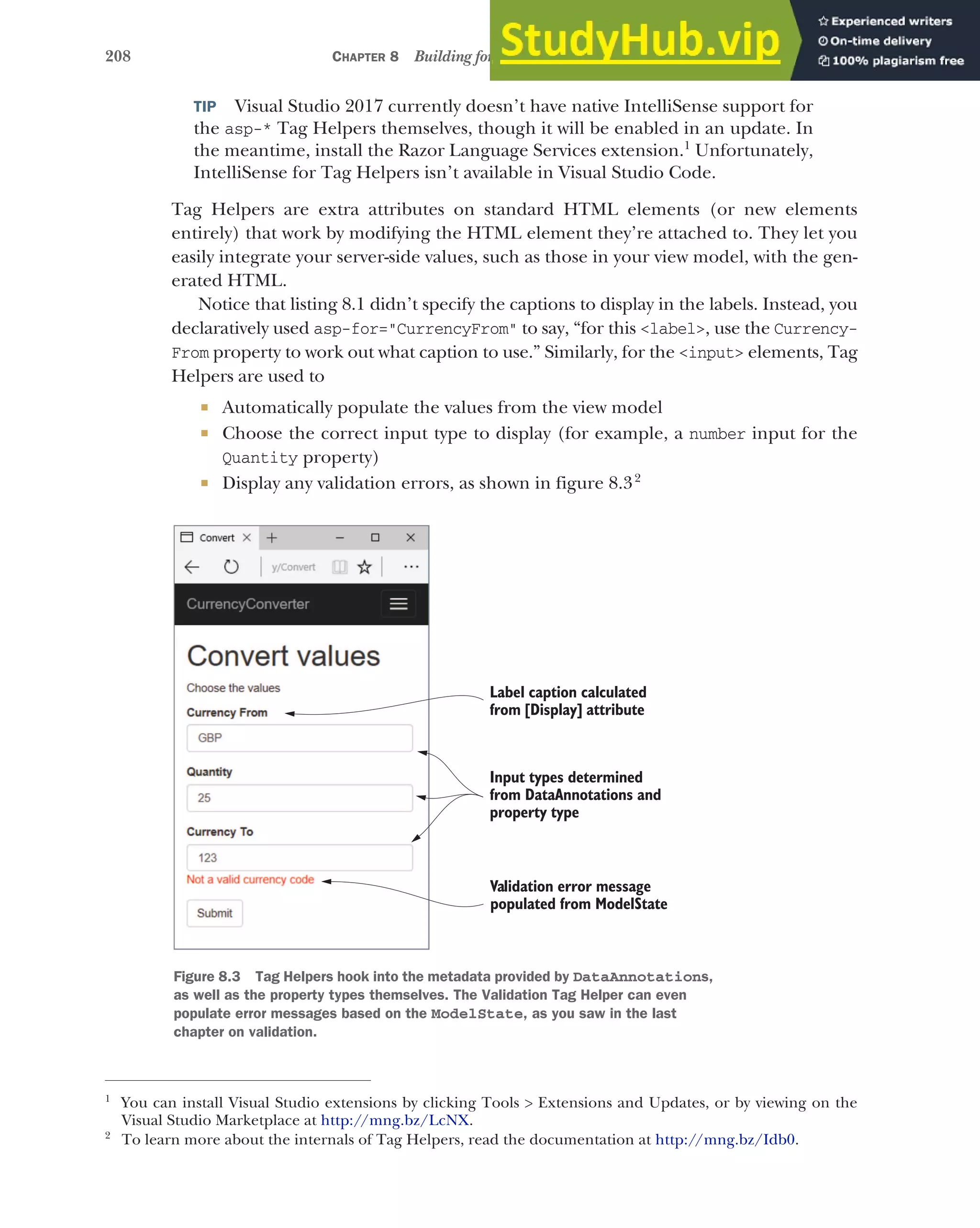 208 CHAPTER 8 Building forms with Tag Helpers
TIP Visual Studio 2017 currently doesn’t have native IntelliSense support for
the asp-* Tag Helpers themselves, though it will be enabled in an update. In
the meantime, install the Razor Language Services extension.1
Unfortunately,
IntelliSense for Tag Helpers isn’t available in Visual Studio Code.
Tag Helpers are extra attributes on standard HTML elements (or new elements
entirely) that work by modifying the HTML element they’re attached to. They let you
easily integrate your server-side values, such as those in your view model, with the gen-
erated HTML.
Notice that listing 8.1 didn’t specify the captions to display in the labels. Instead, you
declaratively used asp-for="CurrencyFrom" to say, “for this <label>, use the Currency-
From property to work out what caption to use.” Similarly, for the <input> elements, Tag
Helpers are used to
 Automatically populate the values from the view model
 Choose the correct input type to display (for example, a number input for the
Quantity property)
 Display any validation errors, as shown in figure 8.32
1
You can install Visual Studio extensions by clicking Tools > Extensions and Updates, or by viewing on the
Visual Studio Marketplace at http://mng.bz/LcNX.
2
To learn more about the internals of Tag Helpers, read the documentation at http://mng.bz/Idb0.
Figure 8.3 Tag Helpers hook into the metadata provided by DataAnnotations,
as well as the property types themselves. The Validation Tag Helper can even
populate error messages based on the ModelState, as you saw in the last
chapter on validation.
Label caption calculated
from [Display] attribute
Validation error message
populated from ModelState
Input types determined
from DataAnnotations and
property type
 
