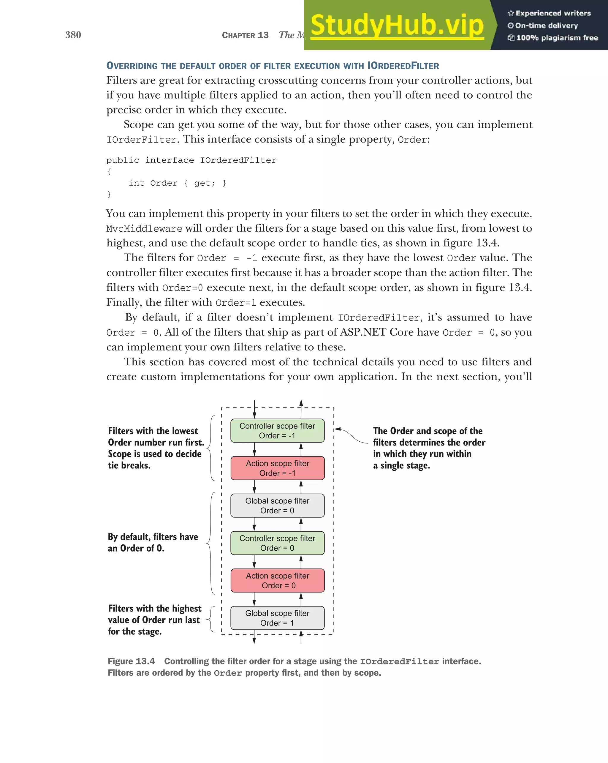 380 CHAPTER 13 The MVC filter pipeline
OVERRIDING THE DEFAULT ORDER OF FILTER EXECUTION WITH IORDEREDFILTER
Filters are great for extracting crosscutting concerns from your controller actions, but
if you have multiple filters applied to an action, then you’ll often need to control the
precise order in which they execute.
Scope can get you some of the way, but for those other cases, you can implement
IOrderFilter. This interface consists of a single property, Order:
public interface IOrderedFilter
{
int Order { get; }
}
You can implement this property in your filters to set the order in which they execute.
MvcMiddleware will order the filters for a stage based on this value first, from lowest to
highest, and use the default scope order to handle ties, as shown in figure 13.4.
The filters for Order = -1 execute first, as they have the lowest Order value. The
controller filter executes first because it has a broader scope than the action filter. The
filters with Order=0 execute next, in the default scope order, as shown in figure 13.4.
Finally, the filter with Order=1 executes.
By default, if a filter doesn’t implement IOrderedFilter, it’s assumed to have
Order = 0. All of the filters that ship as part of ASP.NET Core have Order = 0, so you
can implement your own filters relative to these.
This section has covered most of the technical details you need to use filters and
create custom implementations for your own application. In the next section, you’ll
Controller scope filter
Order = -1
Controller scope filter
Order = 0
The Order and scope of the
filters determines the order
in which they run within
a single stage.
Filters with the lowest
Order number run first.
Scope is used to decide
tie breaks.
Filters with the highest
value of Order run last
for the stage.
Global scope filter
Order = 0
Action scope filter
Order = 0
Global scope filter
Order = 1
By default, filters have
an Order of 0.
Action scope filter
Order = -1
Figure 13.4 Controlling the filter order for a stage using the IOrderedFilter interface.
Filters are ordered by the Order property first, and then by scope.
 