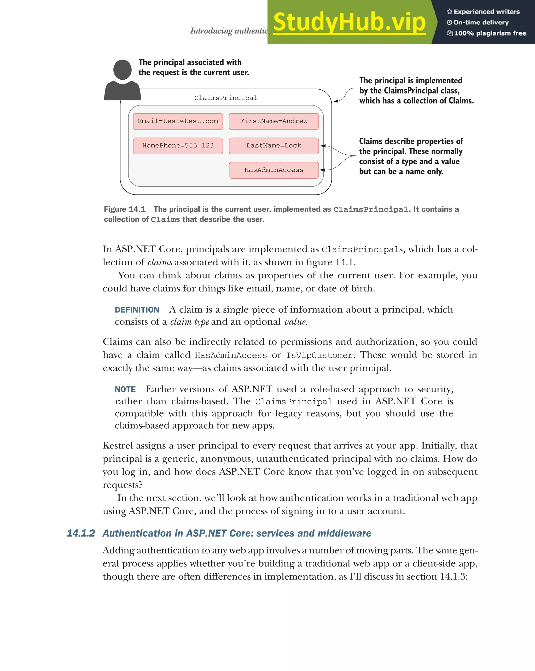 403
Introducing authentication and authorization
In ASP.NET Core, principals are implemented as ClaimsPrincipals, which has a col-
lection of claims associated with it, as shown in figure 14.1.
You can think about claims as properties of the current user. For example, you
could have claims for things like email, name, or date of birth.
DEFINITION A claim is a single piece of information about a principal, which
consists of a claim type and an optional value.
Claims can also be indirectly related to permissions and authorization, so you could
have a claim called HasAdminAccess or IsVipCustomer. These would be stored in
exactly the same way—as claims associated with the user principal.
NOTE Earlier versions of ASP.NET used a role-based approach to security,
rather than claims-based. The ClaimsPrincipal used in ASP.NET Core is
compatible with this approach for legacy reasons, but you should use the
claims-based approach for new apps.
Kestrel assigns a user principal to every request that arrives at your app. Initially, that
principal is a generic, anonymous, unauthenticated principal with no claims. How do
you log in, and how does ASP.NET Core know that you’ve logged in on subsequent
requests?
In the next section, we’ll look at how authentication works in a traditional web app
using ASP.NET Core, and the process of signing in to a user account.
14.1.2 Authentication in ASP.NET Core: services and middleware
Adding authentication to any web app involves a number of moving parts. The same gen-
eral process applies whether you’re building a traditional web app or a client-side app,
though there are often differences in implementation, as I’ll discuss in section 14.1.3:
Email=test@test.com
ClaimsPrincipal
FirstName=Andrew
LastName=Lock
HomePhone=555 123
HasAdminAccess
The principal associated with
the request is the current user.
The principal is implemented
by the ClaimsPrincipal class,
which has a collection of Claims.
Claims describe properties of
the principal. These normally
consist of a type and a value
but can be a name only.
Figure 14.1 The principal is the current user, implemented as ClaimsPrincipal. It contains a
collection of Claims that describe the user.
 