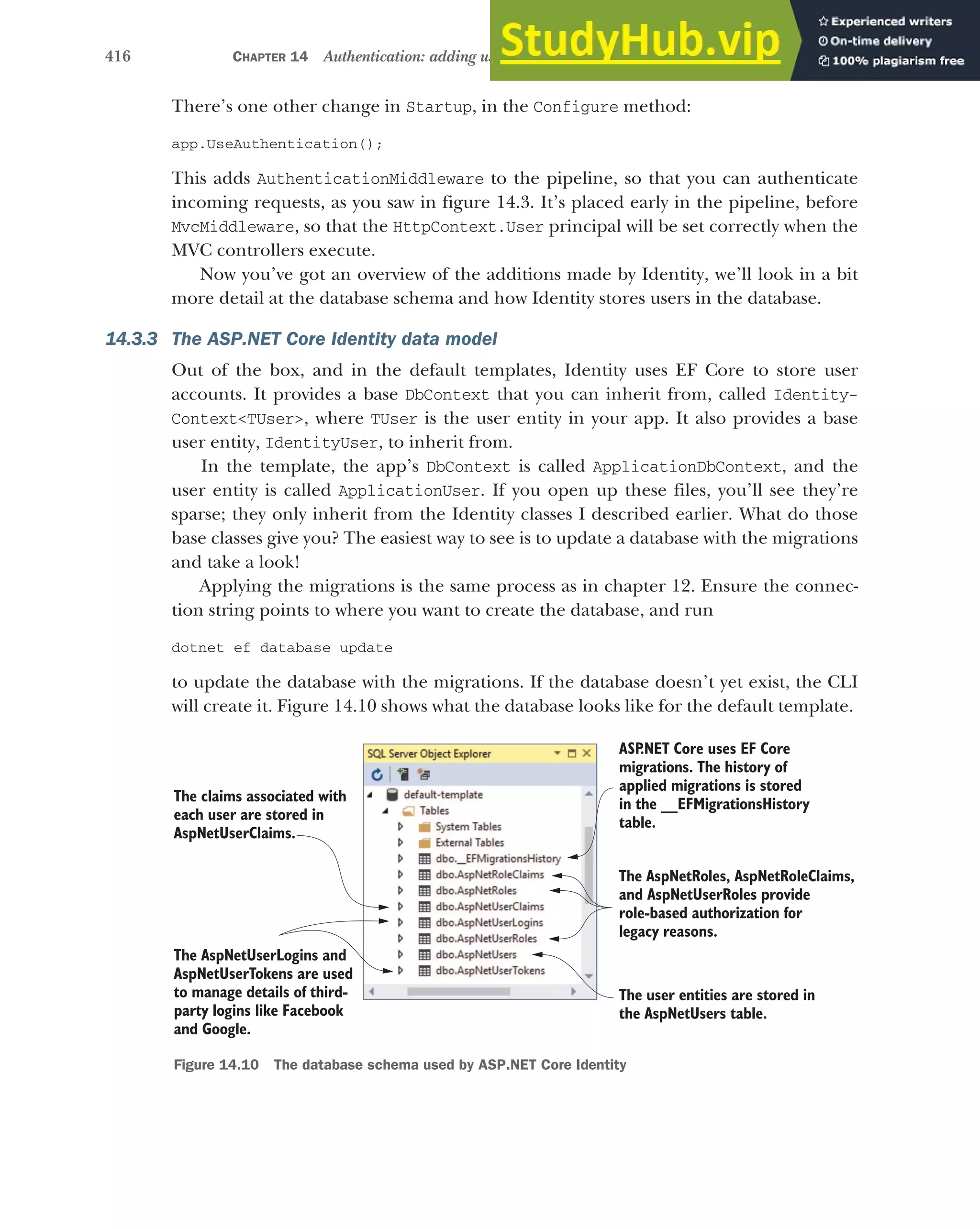 416 CHAPTER 14 Authentication: adding users to your application with Identity
There’s one other change in Startup, in the Configure method:
app.UseAuthentication();
This adds AuthenticationMiddleware to the pipeline, so that you can authenticate
incoming requests, as you saw in figure 14.3. It’s placed early in the pipeline, before
MvcMiddleware, so that the HttpContext.User principal will be set correctly when the
MVC controllers execute.
Now you’ve got an overview of the additions made by Identity, we’ll look in a bit
more detail at the database schema and how Identity stores users in the database.
14.3.3 The ASP.NET Core Identity data model
Out of the box, and in the default templates, Identity uses EF Core to store user
accounts. It provides a base DbContext that you can inherit from, called Identity-
Context<TUser>, where TUser is the user entity in your app. It also provides a base
user entity, IdentityUser, to inherit from.
In the template, the app’s DbContext is called ApplicationDbContext, and the
user entity is called ApplicationUser. If you open up these files, you’ll see they’re
sparse; they only inherit from the Identity classes I described earlier. What do those
base classes give you? The easiest way to see is to update a database with the migrations
and take a look!
Applying the migrations is the same process as in chapter 12. Ensure the connec-
tion string points to where you want to create the database, and run
dotnet ef database update
to update the database with the migrations. If the database doesn’t yet exist, the CLI
will create it. Figure 14.10 shows what the database looks like for the default template.
The claims associated with
each user are stored in
AspNetUserClaims.
ASP
.NET Core uses EF Core
migrations. The history of
applied migrations is stored
in the __EFMigrationsHistory
table.
The AspNetUserLogins and
AspNetUserTokens are used
to manage details of third-
party logins like Facebook
and Google.
The AspNetRoles, AspNetRoleClaims,
and AspNetUserRoles provide
role-based authorization for
legacy reasons.
The user entities are stored in
the AspNetUsers table.
Figure 14.10 The database schema used by ASP.NET Core Identity
 