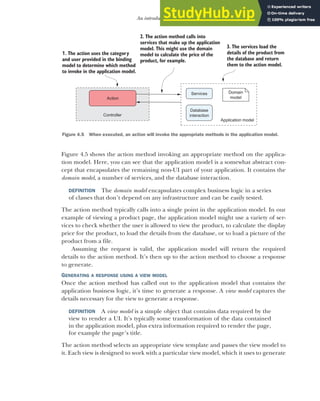 101
An introduction to MVC
Figure 4.5 shows the action method invoking an appropriate method on the applica-
tion model. Here, you can see that the application model is a somewhat abstract con-
cept that encapsulates the remaining non-UI part of your application. It contains the
domain model, a number of services, and the database interaction.
DEFINITION The domain model encapsulates complex business logic in a series
of classes that don’t depend on any infrastructure and can be easily tested.
The action method typically calls into a single point in the application model. In our
example of viewing a product page, the application model might use a variety of ser-
vices to check whether the user is allowed to view the product, to calculate the display
price for the product, to load the details from the database, or to load a picture of the
product from a file.
Assuming the request is valid, the application model will return the required
details to the action method. It’s then up to the action method to choose a response
to generate.
GENERATING A RESPONSE USING A VIEW MODEL
Once the action method has called out to the application model that contains the
application business logic, it’s time to generate a response. A view model captures the
details necessary for the view to generate a response.
DEFINITION A view model is a simple object that contains data required by the
view to render a UI. It’s typically some transformation of the data contained
in the application model, plus extra information required to render the page,
for example the page’s title.
The action method selects an appropriate view template and passes the view model to
it. Each view is designed to work with a particular view model, which it uses to generate
Action
1. The action uses the category
and user provided in the binding
model to determine which method
to invoke in the application model.
Application model
Domain
model
Services
Database
interaction
2. The action method calls into
services that make up the application
model. This might use the domain
model to calculate the price of the
product, for example.
Controller
3. The services load the
details of the product from
the database and return
them to the action model.
Figure 4.5 When executed, an action will invoke the appropriate methods in the application model.
 