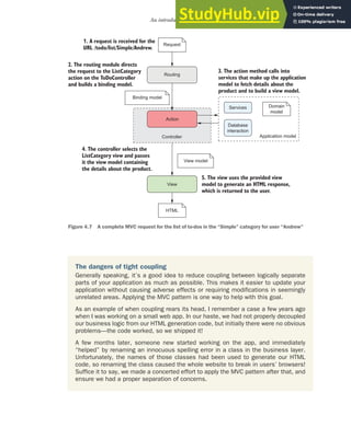 103
An introduction to MVC
1. A request is received for the
URL /todo/list/Simple/Andrew.
Request
Action
View
2. The routing module directs
the request to the ListCategory
action on the ToDoController
and builds a binding model.
4. The controller selects the
ListCategory view and passes
it the view model containing
the details about the product.
5. The view uses the provided view
model to generate an HTML response,
which is returned to the user.
Application model
Binding model
View model
Domain
model
Services
Database
interaction
Routing
3. The action method calls into
services that make up the application
model to fetch details about the
product and to build a view model.
Controller
HTML
Figure 4.7 A complete MVC request for the list of to-dos in the “Simple” category for user “Andrew”
The dangers of tight coupling
Generally speaking, it’s a good idea to reduce coupling between logically separate
parts of your application as much as possible. This makes it easier to update your
application without causing adverse effects or requiring modifications in seemingly
unrelated areas. Applying the MVC pattern is one way to help with this goal.
As an example of when coupling rears its head, I remember a case a few years ago
when I was working on a small web app. In our haste, we had not properly decoupled
our business logic from our HTML generation code, but initially there were no obvious
problems—the code worked, so we shipped it!
A few months later, someone new started working on the app, and immediately
“helped” by renaming an innocuous spelling error in a class in the business layer.
Unfortunately, the names of those classes had been used to generate our HTML
code, so renaming the class caused the whole website to break in users’ browsers!
Suffice it to say, we made a concerted effort to apply the MVC pattern after that, and
ensure we had a proper separation of concerns.
 