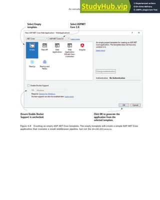 105
An introduction to MVC
Ensure Enable Docker
Support is unchecked.
Select Empty
template.
Click OK to generate the
application from the
selected template.
Select ASP
.NET
Core 2.0.
Figure 4.8 Creating an empty ASP.NET Core template. The empty template will create a simple ASP.NET Core
application that contains a small middleware pipeline, but not the MvcMiddleware.
 