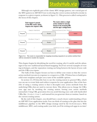 121
Although not explicitly part of the classic MVC design pattern, one crucial part of
the MVC pattern in ASP.NET Core is selecting the correct action method to invoke in
response to a given request, as shown in figure 5.1. This process is called routing and is
the focus of this chapter.
This chapter begins by identifying the need for routing, why it’s useful, and the advan-
tages it has over traditional layout-based mapping. You’ll see several examples of rout-
ing techniques, and the separation routing can bring between the layout of your code
and the URLs you expose.
The bulk of this chapter focuses on how to define your routes so that the correct
action method executes in response to a request to a URL. I’ll show how to build pow-
erful route templates and give you a taste of the available options.
In section 5.5, I’ll describe how to use the routing system to generate URLs, which
you can use to create links and redirect requests for your application. One of the ben-
efits of using a routing system is that it decouples your action methods from the
underlying URLs that are used to execute them. This allows you to change the URLs
your app uses by tweaking the routing system, leaving your action methods
untouched. Using URL generation lets you avoid littering your code with hardcoded
URLs like /Product/View/3, and instead lets you generate them at runtime, based on
the current routing system.
By the end of this chapter, you should have a much clearer understanding of how
an ASP.NET Core application works. You can think of routing as the glue that ties the
middleware pipeline to the MVC design strategy used by the MvcMiddleware. With
middleware, MVC, and routing under your belt, you’ll be writing web apps in no time!
Router
Request
Each request is passed
to the MVC router, which
inspects the request’s URL.
/begin-checkout
Action
CheckoutController.Start()
Router
Request
/Product/View/3
Action
ProductController.View()
Router
Request
/
Action
HomeController.Index()
The router selects a single
action method to execute,
based on the incoming URL
and the app’s configuration.
Figure 5.1 The router is responsible for mapping incoming requests to an action method that
will be executed to handle the request.
 