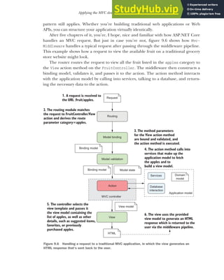 243
Applying the MVC design pattern to a Web API
pattern still applies. Whether you’re building traditional web applications or Web
APIs, you can structure your application virtually identically.
After five chapters of it, you’re, I hope, nice and familiar with how ASP.NET Core
handles an MVC request. But just in case you’re not, figure 9.6 shows how Mvc-
Middleware handles a typical request after passing through the middleware pipeline.
This example shows how a request to view the available fruit on a traditional grocery
store website might look.
The router routes the request to view all the fruit listed in the apples category to
the View action method on the FruitController. The middleware then constructs a
binding model, validates it, and passes it to the action. The action method interacts
with the application model by calling into services, talking to a database, and return-
ing the necessary data to the action.
1. A request is received to
the URL /fruit/apples.
Request
Action
View
2. The routing module matches
the request to FruitController.View
action and derives the route
parameter category=apples.
5. The controller selects the
view template and passes it
the view model containing the
list of apples, as well as other
details, such as suggested items,
favorites, or previously
purchased apples.
6. The view uses the provided
view model to generate an HTML
response which is returned to the
user via the middleware pipeline.
Application model
View model
Domain
model
Services
Database
interaction
Routing
4. The action method calls into
services that make up the
application model to fetch
the apples and to
build a view model.
MVC controller
HTML
Binding model
Model binding
Model validation
Binding model Model state
3. The method parameters
for the View action method
are bound and validated, and
the action method is executed.
Figure 9.6 Handling a request to a traditional MVC application, in which the view generates an
HTML response that’s sent back to the user.
 