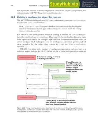 308 CHAPTER 11 Configuring an ASP.NET Core application
how to use this method to load configuration values from various configuration pro-
viders using the ASP.NET Core ConfigurationBuilder.
11.3 Building a configuration object for your app
The ASP.NET Core configuration model centers on two main constructs: Configuration-
Builder and IConfigurationRoot.
NOTE ConfigurationBuilder describes how to construct the final configura-
tion representation for your app, and IConfigurationRoot holds the config-
uration values themselves.
You describe your configuration setup by adding a number of IConfiguration-
Providers to IConfigurationBuilder. These describe how to load the key-value pairs
from a particular source; for example, a JSON file or from environment variables, as
shown in figure 11.2. Calling Build() on ConfigurationBuilder queries each of
these providers for the values they contain to create the IConfigurationRoot
instance.
ASP.NET Core ships with a number of configuration providers, each provided by a
different NuGet package. In ASP.NET Core 2.0, all of these packages are included by
1. You start by creating an instance
of the ConfigurationBuilder.
2. You add providers to
the builder using various
extension methods. These
providers can pull
configuration values from
multiple sources.
ConfigurationBuilder
IConfigurationRoot
Build()
JsonConfigurationProvider
EnvironmentVariablesProvider
CommandLineProvider
AddJsonFile()
AddEnvironmentVariables()
Add CommandLine()
3. Calling Build() on the ConfigurationBuilder
loads the values from each provider and stores
them in the IConfigurationRoot.
key:value
key:value
key:value
Figure 11.2 Using ConfigurationBuilder to create an instance of IConfigurationRoot.
Configuration providers are added to the builder with extension methods. Calling Build() queries
each provider to create IConfigurationRoot.
 