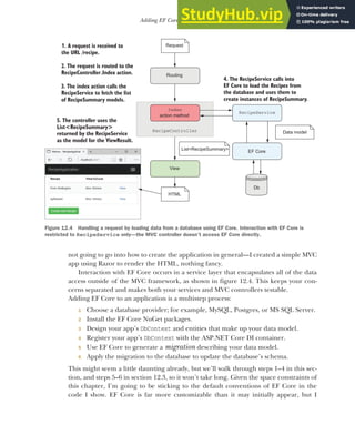 343
Adding EF Core to an application
not going to go into how to create the application in general—I created a simple MVC
app using Razor to render the HTML, nothing fancy.
Interaction with EF Core occurs in a service layer that encapsulates all of the data
access outside of the MVC framework, as shown in figure 12.4. This keeps your con-
cerns separated and makes both your services and MVC controllers testable.
Adding EF Core to an application is a multistep process:
1 Choose a database provider; for example, MySQL, Postgres, or MS SQL Server.
2 Install the EF Core NuGet packages.
3 Design your app’s DbContext and entities that make up your data model.
4 Register your app’s DbContext with the ASP.NET Core DI container.
5 Use EF Core to generate a migration describing your data model.
6 Apply the migration to the database to update the database’s schema.
This might seem a little daunting already, but we’ll walk through steps 1–4 in this sec-
tion, and steps 5–6 in section 12.3, so it won’t take long. Given the space constraints of
this chapter, I’m going to be sticking to the default conventions of EF Core in the
code I show. EF Core is far more customizable than it may initially appear, but I
1. A request is received to
the URL /recipe.
Request
Index
action method
View
2. The request is routed to the
RecipeController.Index action.
5. The controller uses the
List<RecipeSummary>
returned by the RecipeService
as the model for the ViewResult.
List<RecipeSummary>
Data model
RecipeService
Routing
RecipeController
HTML
3. The index action calls the
RecipeService to fetch the list
of RecipeSummary models.
EF Core
Db
4. The RecipeService calls into
EF Core to load the Recipes from
the database and uses them to
create instances of RecipeSummary.
Figure 12.4 Handling a request by loading data from a database using EF Core. Interaction with EF Core is
restricted to RecipeService only—the MVC controller doesn’t access EF Core directly.
 