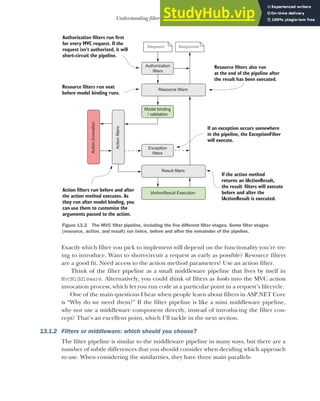 373
Understanding filters and when to use them
Exactly which filter you pick to implement will depend on the functionality you’re try-
ing to introduce. Want to short-circuit a request as early as possible? Resource filters
are a good fit. Need access to the action method parameters? Use an action filter.
Think of the filter pipeline as a small middleware pipeline that lives by itself in
MvcMiddleware. Alternatively, you could think of filters as hooks into the MVC action
invocation process, which let you run code at a particular point in a request’s lifecycle.
One of the main questions I hear when people learn about filters in ASP.NET Core
is “Why do we need them?” If the filter pipeline is like a mini middleware pipeline,
why not use a middleware component directly, instead of introducing the filter con-
cept? That’s an excellent point, which I’ll tackle in the next section.
13.1.2 Filters or middleware: which should you choose?
The filter pipeline is similar to the middleware pipeline in many ways, but there are a
number of subtle differences that you should consider when deciding which approach
to use. When considering the similarities, they have three main parallels:
Authorization
filters
Model binding
/ validation
Resource filters
Action
filters
Exception
filters
Result filters
Action
invocation
IActionResult Execution
Authorization filters run first
for every MVC request. If the
request isn’t authorized, it will
short-circuit the pipeline.
Resource filters run next
before model binding runs.
Action filters run before and after
the action method executes. As
they run after model binding, you
can use them to customize the
arguments passed to the action.
If an exception occurs somewhere
in the pipeline, the ExceptionFilter
will execute.
If the action method
returns an IActionResult,
the result filters will execute
before and after the
IActionResult is executed.
Resource filters also run
at the end of the pipeline after
the result has been executed.
Request Response
Figure 13.2 The MVC filter pipeline, including the five different filter stages. Some filter stages
(resource, action, and result) run twice, before and after the remainder of the pipeline.
 