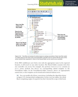 55
Generating HTML with Razor template views
If the MVC middleware can’t find a view with the appropriate name in the expected
location, it will search in one other location. The Shared folder contains views that
any controller can access. For example, the previous HomeController contains an
Error action method, but there’s no corresponding cshtml template in the
ViewsHome folder. In the ViewsShared folder, however, there’s an appropriately
named view, so the template can be found and rendered without error.
TIP You can modify all of these conventions, including the algorithm shown
in figure 2.15, during initial configuration. In fact, you can replace the whole
Razor templating engine if required, but that’s beyond the scope of this book.
Razor view files
reside in the
Views folder.
Views for the
HomeController
will be found in
the Home folder
by default.
Views in the Shared
folder can be called
by any controller.
Views have the
same name as their
corresponding
action method.
Figure 2.14 View files are located at runtime based on naming conventions. Razor view files reside
in a folder based on the name of the associated MVC controller and are named with the name of the
action method that requested it. Views in the Shared folder can be used by any controller.
 