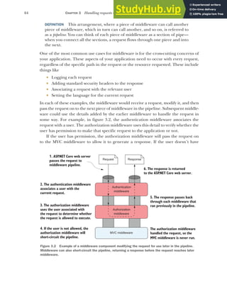 64 CHAPTER 3 Handling requests with the middleware pipeline
DEFINITION This arrangement, where a piece of middleware can call another
piece of middleware, which in turn can call another, and so on, is referred to
as a pipeline. You can think of each piece of middleware as a section of pipe—
when you connect all the sections, a request flows through one piece and into
the next.
One of the most common use cases for middleware is for the cross-cutting concerns of
your application. These aspects of your application need to occur with every request,
regardless of the specific path in the request or the resource requested. These include
things like
 Logging each request
 Adding standard security headers to the response
 Associating a request with the relevant user
 Setting the language for the current request
In each of these examples, the middleware would receive a request, modify it, and then
pass the request on to the next piece of middleware in the pipeline. Subsequent middle-
ware could use the details added by the earlier middleware to handle the request in
some way. For example, in figure 3.2, the authentication middleware associates the
request with a user. The authorization middleware uses this detail to verify whether the
user has permission to make that specific request to the application or not.
If the user has permission, the authorization middleware will pass the request on
to the MVC middleware to allow it to generate a response. If the user doesn’t have
6. The response is returned
to the ASP
.NET Core web server.
.
The authorization middleware
handled the request, so the
MVC middleware is never run.
Authentication
middleware
Authorization
middleware
MVC middleware
1. ASP
.NET Core web server
passes the request to
middleware pipeline.
2. The authentication middleware
associates a user with the
current request.
3. The authorization middleware
uses the user associated with
the request to determine whether
the request is allowed to execute.
5. The response passes back
through each middleware that
ran previously in the pipeline.
Request
4. If the user is not allowed, the
authorization middleware will
short-circuit the pipeline.
Response
Figure 3.2 Example of a middleware component modifying the request for use later in the pipeline.
Middleware can also short-circuit the pipeline, returning a response before the request reaches later
middleware.
 