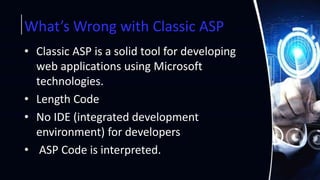 What’s Wrong with Classic ASP
• Classic ASP is a solid tool for developing
web applications using Microsoft
technologies.
• Length Code
• No IDE (integrated development
environment) for developers
• ASP Code is interpreted.
 