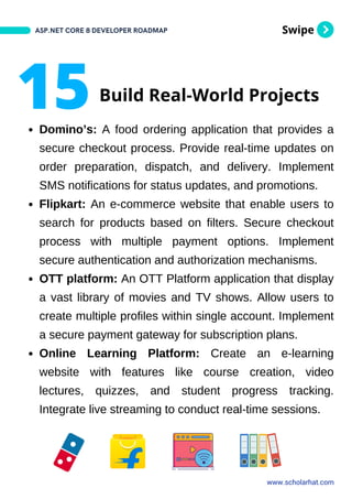 Swipe
Domino’s: A food ordering application that provides a
secure checkout process. Provide real-time updates on
order preparation, dispatch, and delivery. Implement
SMS notifications for status updates, and promotions.
Flipkart: An e-commerce website that enable users to
search for products based on filters. Secure checkout
process with multiple payment options. Implement
secure authentication and authorization mechanisms.
OTT platform: An OTT Platform application that display
a vast library of movies and TV shows. Allow users to
create multiple profiles within single account. Implement
a secure payment gateway for subscription plans.
Online Learning Platform: Create an e-learning
website with features like course creation, video
lectures, quizzes, and student progress tracking.
Integrate live streaming to conduct real-time sessions.
ASP.NET CORE 8 DEVELOPER ROADMAP
www.scholarhat.com
15Build Real-World Projects
 