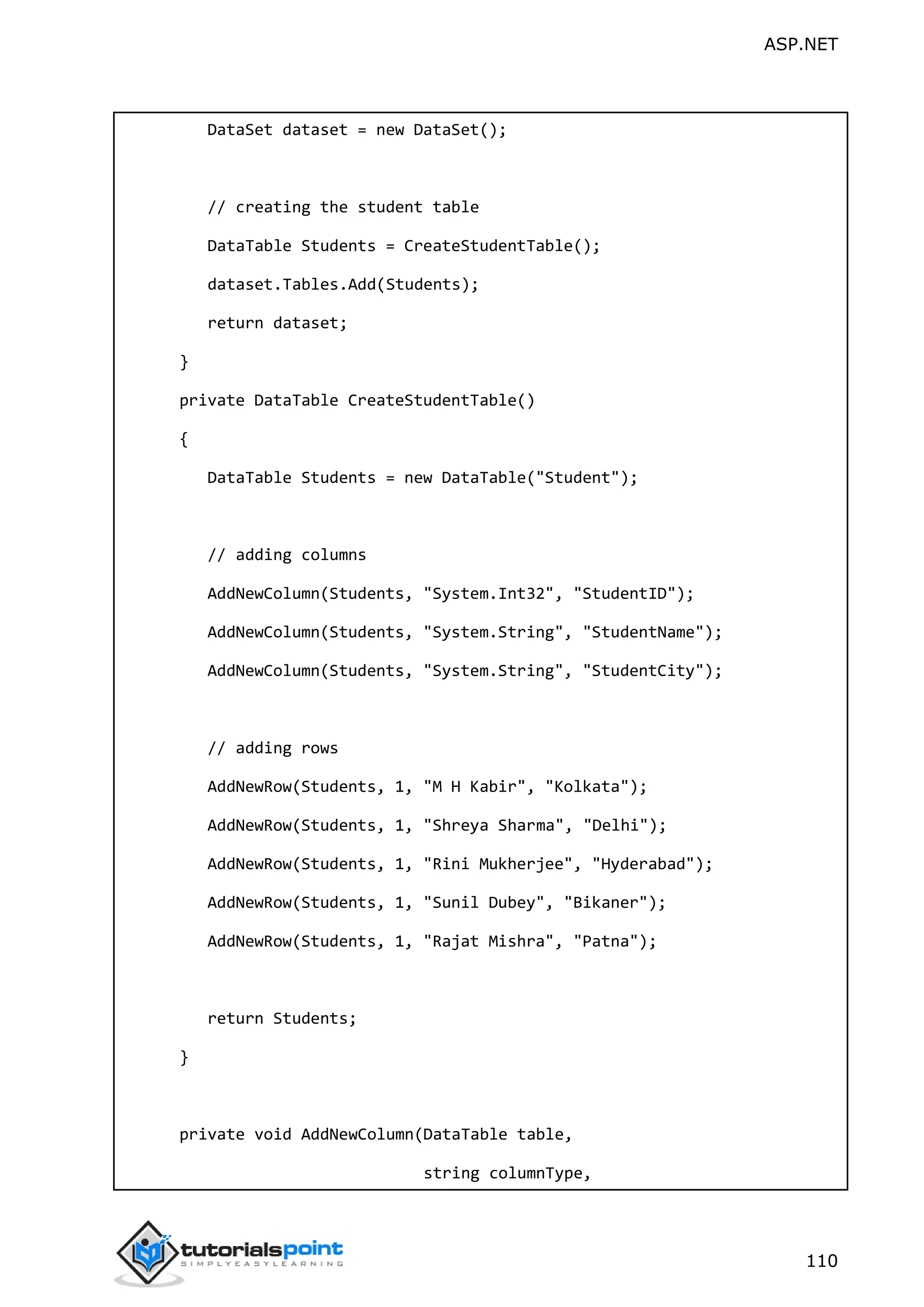 ASP.NET 110 DataSet dataset = new DataSet(); // creating the student table DataTable Students = CreateStudentTable(); dataset.Tables.Add(Students); return dataset; } private DataTable CreateStudentTable() { DataTable Students = new DataTable("Student"); // adding columns AddNewColumn(Students, "System.Int32", "StudentID"); AddNewColumn(Students, "System.String", "StudentName"); AddNewColumn(Students, "System.String", "StudentCity"); // adding rows AddNewRow(Students, 1, "M H Kabir", "Kolkata"); AddNewRow(Students, 1, "Shreya Sharma", "Delhi"); AddNewRow(Students, 1, "Rini Mukherjee", "Hyderabad"); AddNewRow(Students, 1, "Sunil Dubey", "Bikaner"); AddNewRow(Students, 1, "Rajat Mishra", "Patna"); return Students; } private void AddNewColumn(DataTable table, string columnType, 