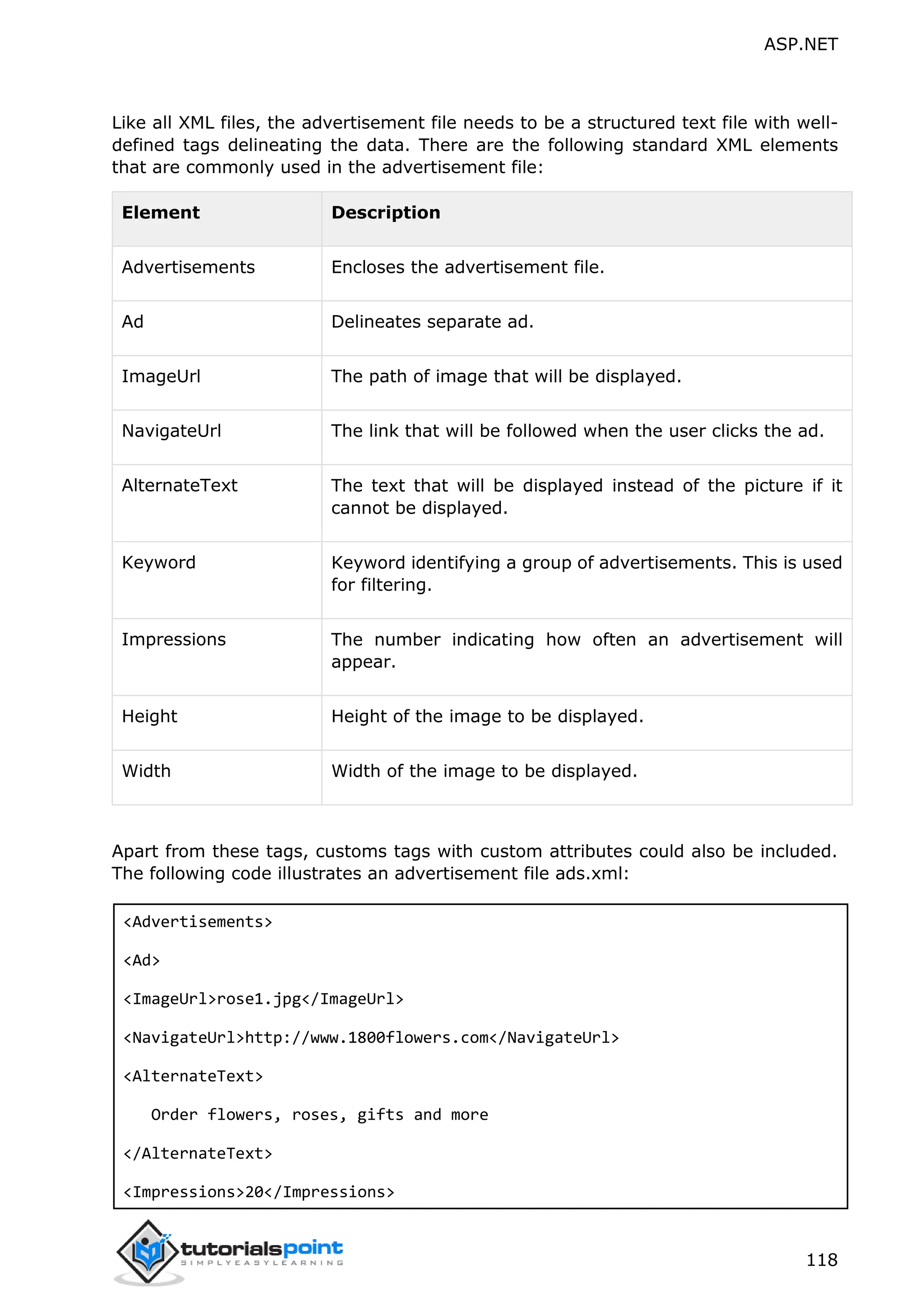 ASP.NET 118 Like all XML files, the advertisement file needs to be a structured text file with well- defined tags delineating the data. There are the following standard XML elements that are commonly used in the advertisement file: Element Description Advertisements Encloses the advertisement file. Ad Delineates separate ad. ImageUrl The path of image that will be displayed. NavigateUrl The link that will be followed when the user clicks the ad. AlternateText The text that will be displayed instead of the picture if it cannot be displayed. Keyword Keyword identifying a group of advertisements. This is used for filtering. Impressions The number indicating how often an advertisement will appear. Height Height of the image to be displayed. Width Width of the image to be displayed. Apart from these tags, customs tags with custom attributes could also be included. The following code illustrates an advertisement file ads.xml: <Advertisements> <Ad> <ImageUrl>rose1.jpg</ImageUrl> <NavigateUrl>http://www.1800flowers.com</NavigateUrl> <AlternateText> Order flowers, roses, gifts and more </AlternateText> <Impressions>20</Impressions> 