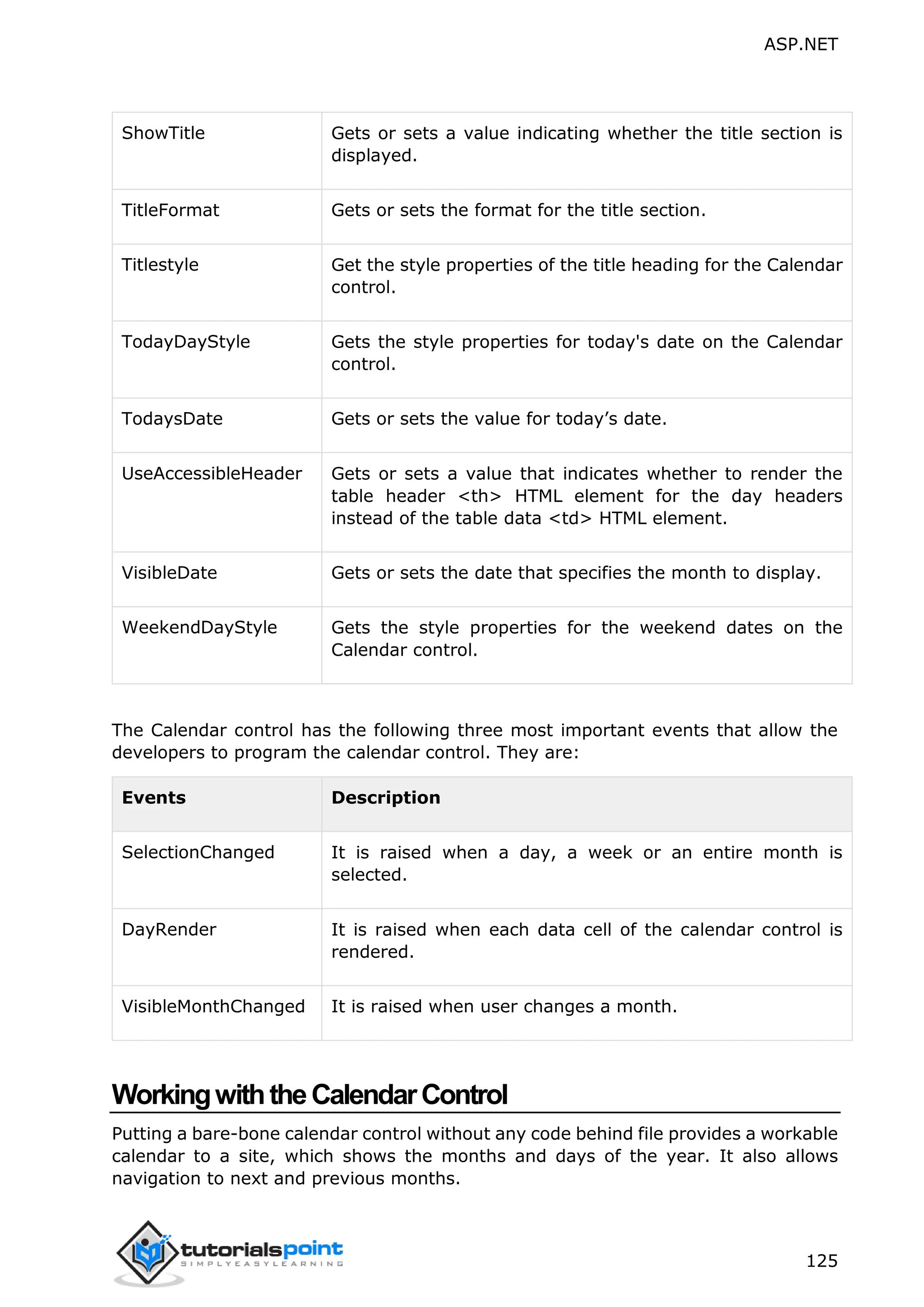 ASP.NET 125 ShowTitle Gets or sets a value indicating whether the title section is displayed. TitleFormat Gets or sets the format for the title section. Titlestyle Get the style properties of the title heading for the Calendar control. TodayDayStyle Gets the style properties for today's date on the Calendar control. TodaysDate Gets or sets the value for today’s date. UseAccessibleHeader Gets or sets a value that indicates whether to render the table header <th> HTML element for the day headers instead of the table data <td> HTML element. VisibleDate Gets or sets the date that specifies the month to display. WeekendDayStyle Gets the style properties for the weekend dates on the Calendar control. The Calendar control has the following three most important events that allow the developers to program the calendar control. They are: Events Description SelectionChanged It is raised when a day, a week or an entire month is selected. DayRender It is raised when each data cell of the calendar control is rendered. VisibleMonthChanged It is raised when user changes a month. WorkingwiththeCalendarControl Putting a bare-bone calendar control without any code behind file provides a workable calendar to a site, which shows the months and days of the year. It also allows navigation to next and previous months. 