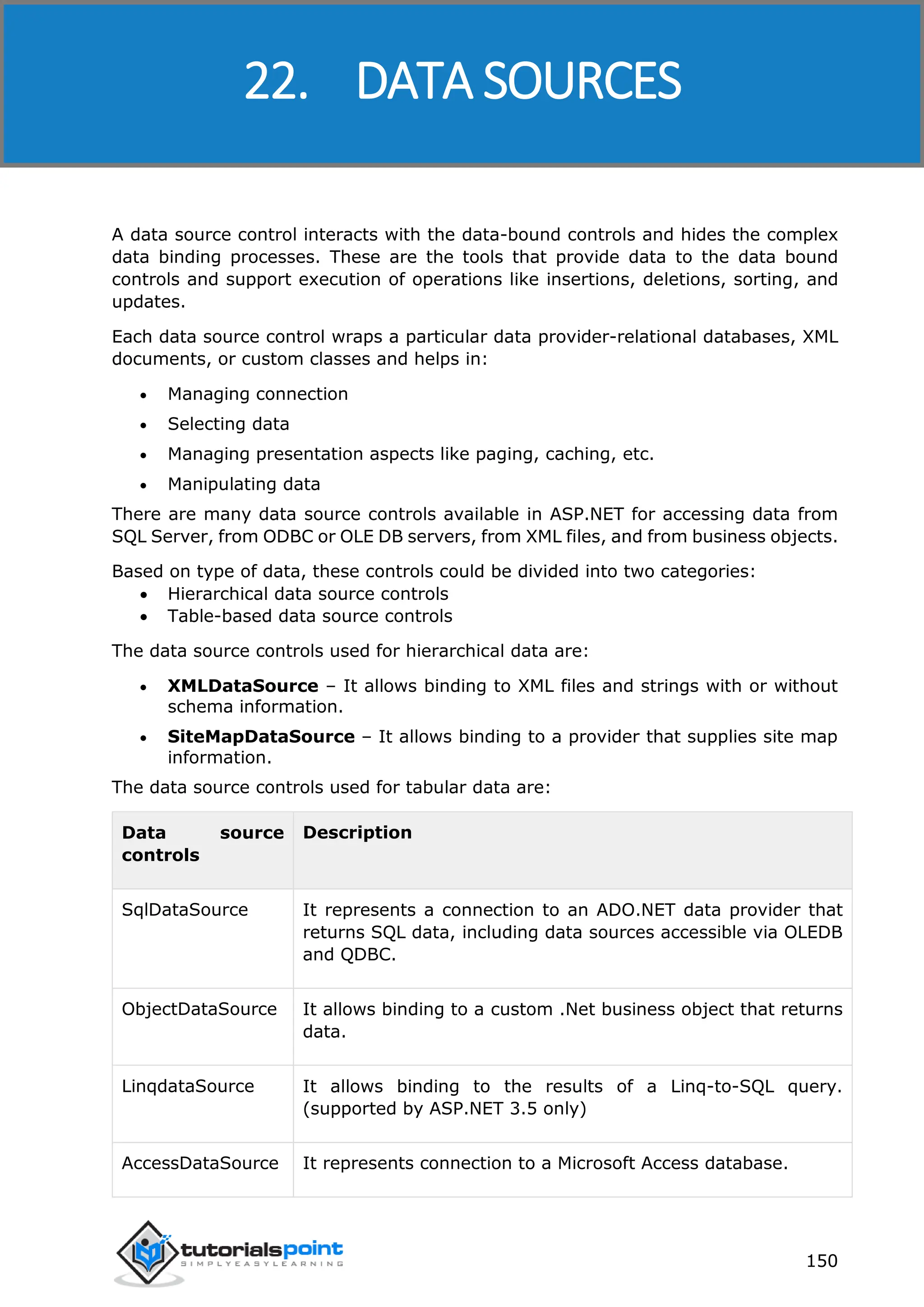 ASP.NET 150 A data source control interacts with the data-bound controls and hides the complex data binding processes. These are the tools that provide data to the data bound controls and support execution of operations like insertions, deletions, sorting, and updates. Each data source control wraps a particular data provider-relational databases, XML documents, or custom classes and helps in:  Managing connection  Selecting data  Managing presentation aspects like paging, caching, etc.  Manipulating data There are many data source controls available in ASP.NET for accessing data from SQL Server, from ODBC or OLE DB servers, from XML files, and from business objects. Based on type of data, these controls could be divided into two categories:  Hierarchical data source controls  Table-based data source controls The data source controls used for hierarchical data are:  XMLDataSource – It allows binding to XML files and strings with or without schema information.  SiteMapDataSource – It allows binding to a provider that supplies site map information. The data source controls used for tabular data are: Data source controls Description SqlDataSource It represents a connection to an ADO.NET data provider that returns SQL data, including data sources accessible via OLEDB and QDBC. ObjectDataSource It allows binding to a custom .Net business object that returns data. LinqdataSource It allows binding to the results of a Linq-to-SQL query. (supported by ASP.NET 3.5 only) AccessDataSource It represents connection to a Microsoft Access database. 22. DATA SOURCES 