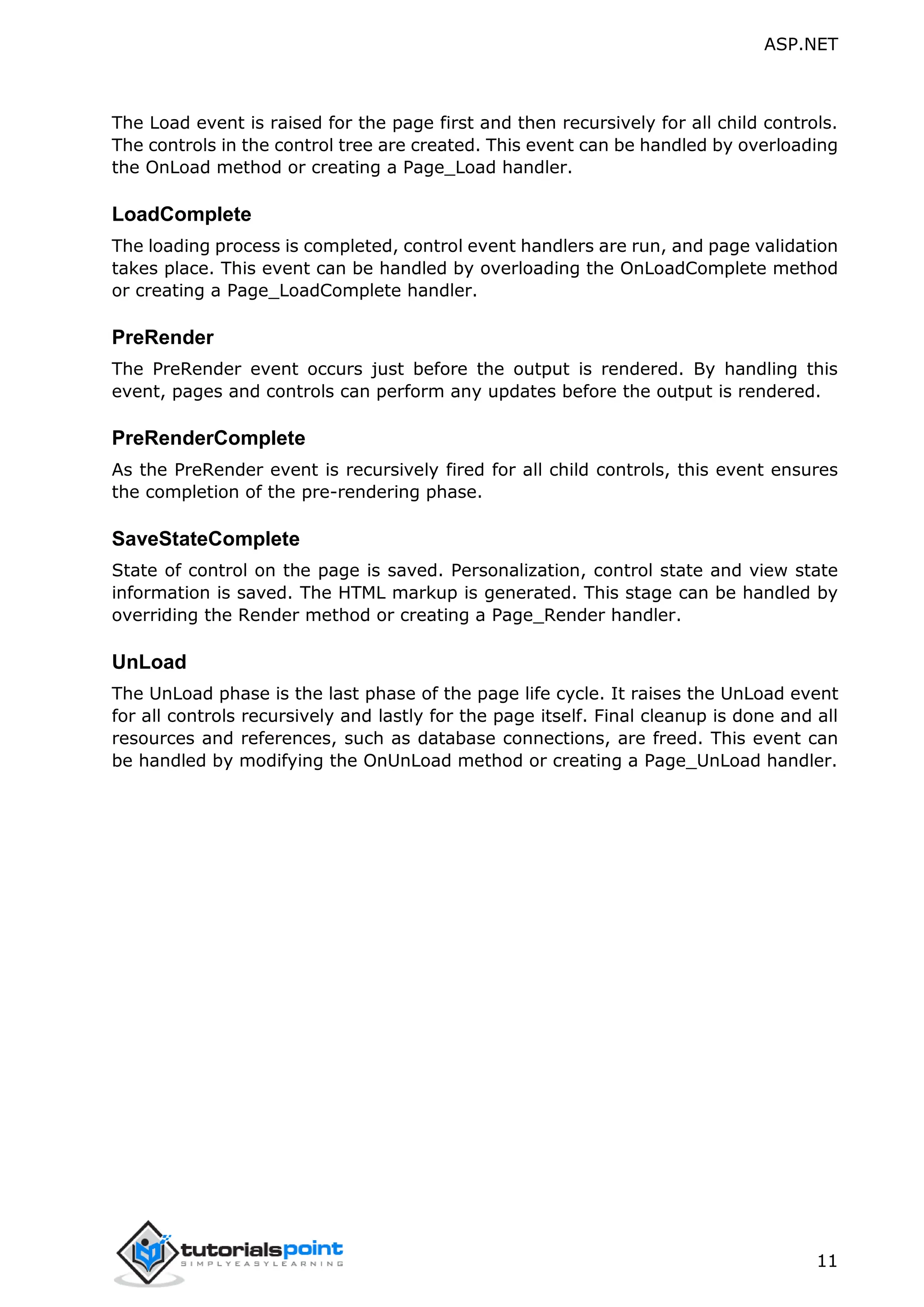 ASP.NET 11 The Load event is raised for the page first and then recursively for all child controls. The controls in the control tree are created. This event can be handled by overloading the OnLoad method or creating a Page_Load handler. LoadComplete The loading process is completed, control event handlers are run, and page validation takes place. This event can be handled by overloading the OnLoadComplete method or creating a Page_LoadComplete handler. PreRender The PreRender event occurs just before the output is rendered. By handling this event, pages and controls can perform any updates before the output is rendered. PreRenderComplete As the PreRender event is recursively fired for all child controls, this event ensures the completion of the pre-rendering phase. SaveStateComplete State of control on the page is saved. Personalization, control state and view state information is saved. The HTML markup is generated. This stage can be handled by overriding the Render method or creating a Page_Render handler. UnLoad The UnLoad phase is the last phase of the page life cycle. It raises the UnLoad event for all controls recursively and lastly for the page itself. Final cleanup is done and all resources and references, such as database connections, are freed. This event can be handled by modifying the OnUnLoad method or creating a Page_UnLoad handler. 