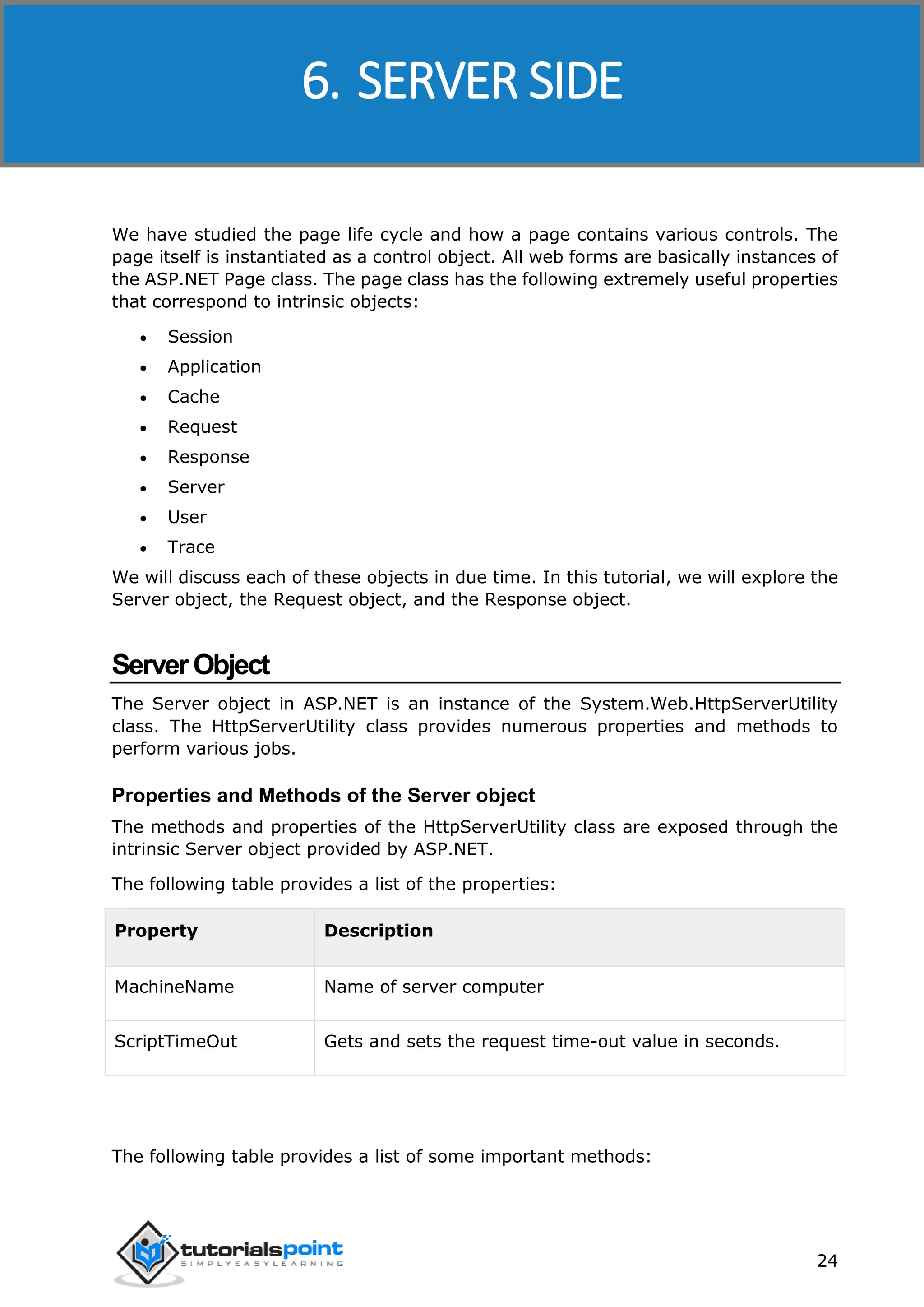ASP.NET 24 We have studied the page life cycle and how a page contains various controls. The page itself is instantiated as a control object. All web forms are basically instances of the ASP.NET Page class. The page class has the following extremely useful properties that correspond to intrinsic objects:  Session  Application  Cache  Request  Response  Server  User  Trace We will discuss each of these objects in due time. In this tutorial, we will explore the Server object, the Request object, and the Response object. ServerObject The Server object in ASP.NET is an instance of the System.Web.HttpServerUtility class. The HttpServerUtility class provides numerous properties and methods to perform various jobs. Properties and Methods of the Server object The methods and properties of the HttpServerUtility class are exposed through the intrinsic Server object provided by ASP.NET. The following table provides a list of the properties: Property Description MachineName Name of server computer ScriptTimeOut Gets and sets the request time-out value in seconds. The following table provides a list of some important methods: 6. SERVER SIDE 