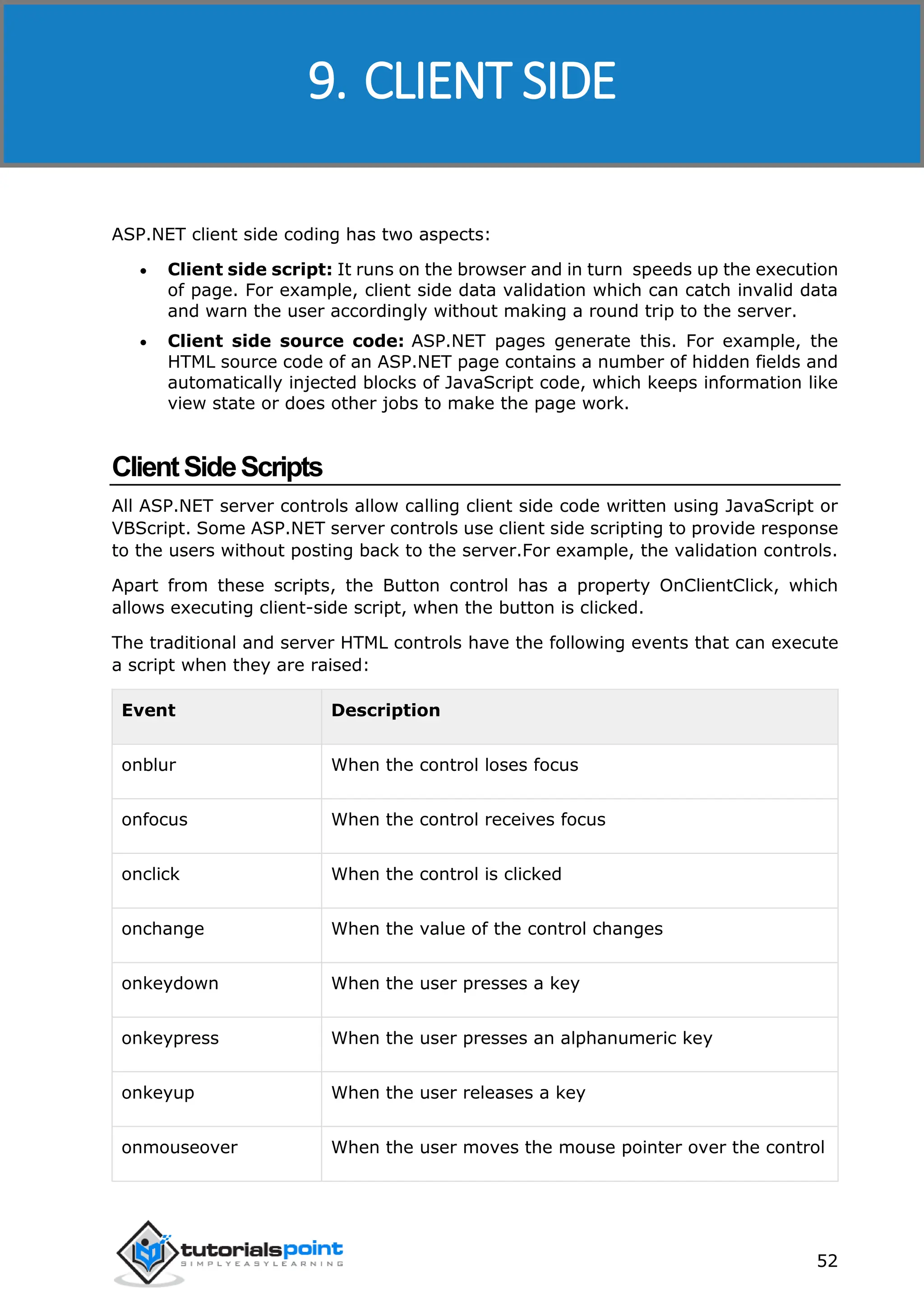 ASP.NET 52 ASP.NET client side coding has two aspects:  Client side script: It runs on the browser and in turn speeds up the execution of page. For example, client side data validation which can catch invalid data and warn the user accordingly without making a round trip to the server.  Client side source code: ASP.NET pages generate this. For example, the HTML source code of an ASP.NET page contains a number of hidden fields and automatically injected blocks of JavaScript code, which keeps information like view state or does other jobs to make the page work. ClientSideScripts All ASP.NET server controls allow calling client side code written using JavaScript or VBScript. Some ASP.NET server controls use client side scripting to provide response to the users without posting back to the server.For example, the validation controls. Apart from these scripts, the Button control has a property OnClientClick, which allows executing client-side script, when the button is clicked. The traditional and server HTML controls have the following events that can execute a script when they are raised: Event Description onblur When the control loses focus onfocus When the control receives focus onclick When the control is clicked onchange When the value of the control changes onkeydown When the user presses a key onkeypress When the user presses an alphanumeric key onkeyup When the user releases a key onmouseover When the user moves the mouse pointer over the control 9. CLIENT SIDE 