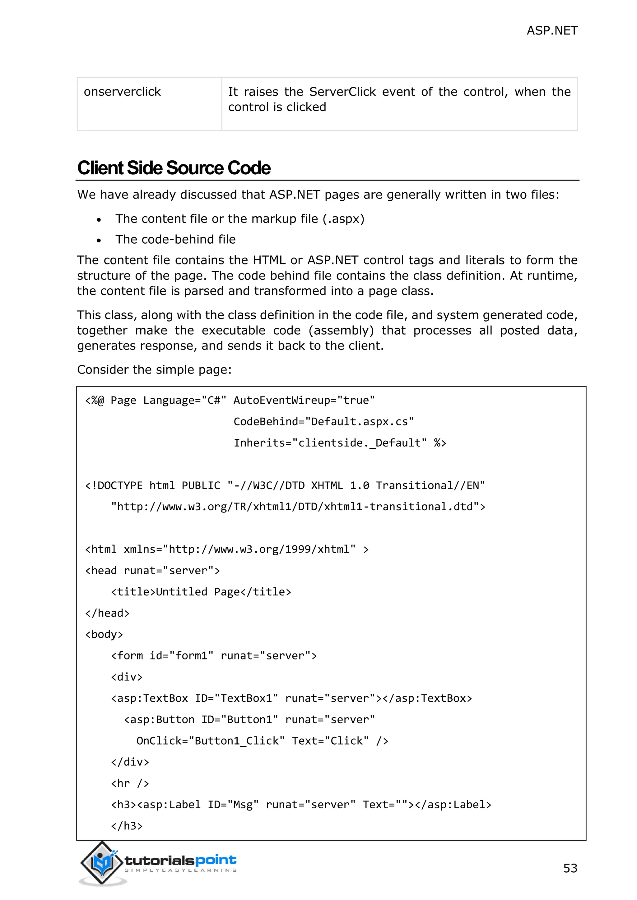ASP.NET 53 onserverclick It raises the ServerClick event of the control, when the control is clicked ClientSideSourceCode We have already discussed that ASP.NET pages are generally written in two files:  The content file or the markup file (.aspx)  The code-behind file The content file contains the HTML or ASP.NET control tags and literals to form the structure of the page. The code behind file contains the class definition. At runtime, the content file is parsed and transformed into a page class. This class, along with the class definition in the code file, and system generated code, together make the executable code (assembly) that processes all posted data, generates response, and sends it back to the client. Consider the simple page: <%@ Page Language="C#" AutoEventWireup="true" CodeBehind="Default.aspx.cs" Inherits="clientside._Default" %> <!DOCTYPE html PUBLIC "-//W3C//DTD XHTML 1.0 Transitional//EN" "http://www.w3.org/TR/xhtml1/DTD/xhtml1-transitional.dtd"> <html xmlns="http://www.w3.org/1999/xhtml" > <head runat="server"> <title>Untitled Page</title> </head> <body> <form id="form1" runat="server"> <div> <asp:TextBox ID="TextBox1" runat="server"></asp:TextBox> <asp:Button ID="Button1" runat="server" OnClick="Button1_Click" Text="Click" /> </div> <hr /> <h3><asp:Label ID="Msg" runat="server" Text=""></asp:Label> </h3> 
