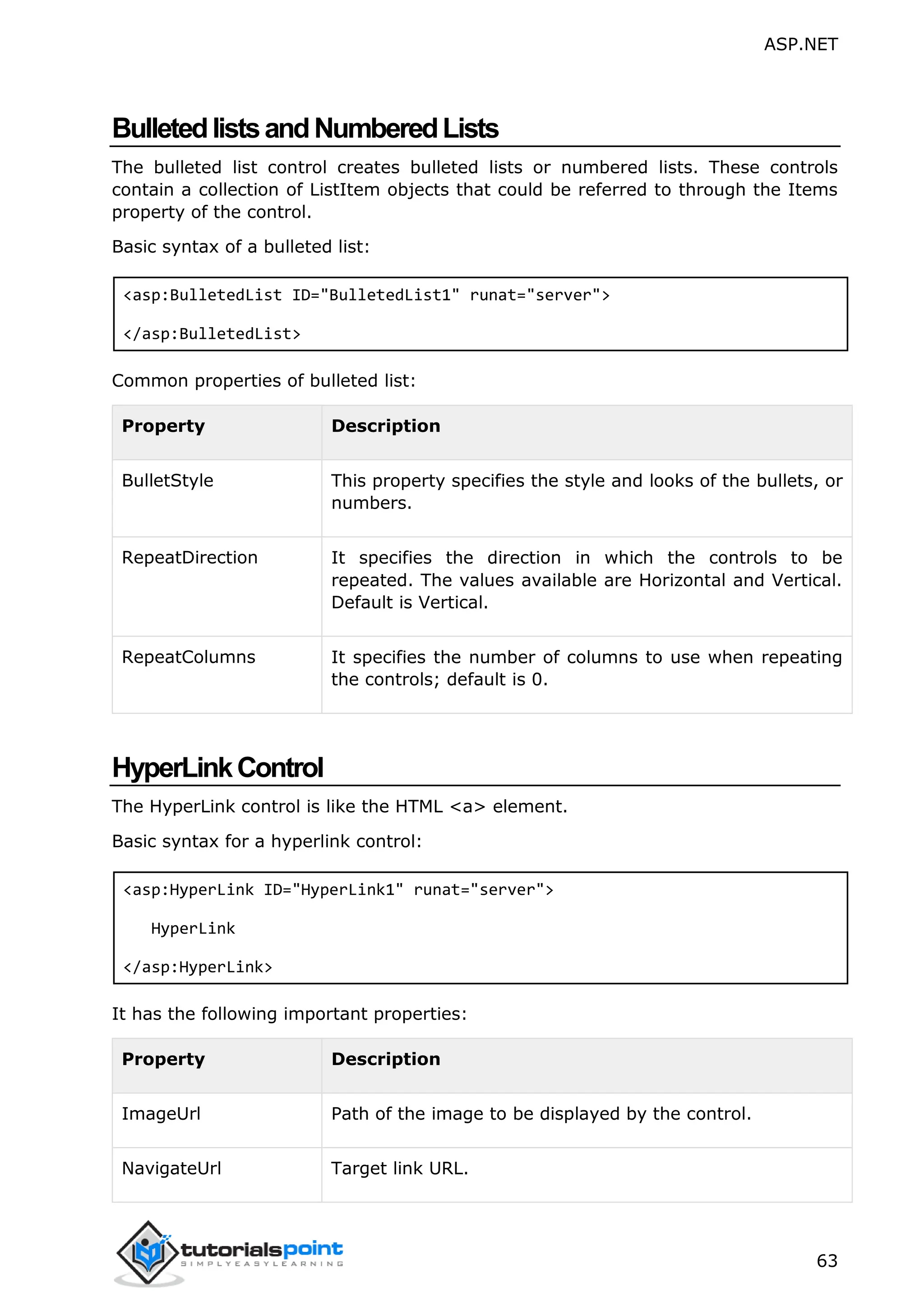 ASP.NET 63 BulletedlistsandNumberedLists The bulleted list control creates bulleted lists or numbered lists. These controls contain a collection of ListItem objects that could be referred to through the Items property of the control. Basic syntax of a bulleted list: <asp:BulletedList ID="BulletedList1" runat="server"> </asp:BulletedList> Common properties of bulleted list: Property Description BulletStyle This property specifies the style and looks of the bullets, or numbers. RepeatDirection It specifies the direction in which the controls to be repeated. The values available are Horizontal and Vertical. Default is Vertical. RepeatColumns It specifies the number of columns to use when repeating the controls; default is 0. HyperLinkControl The HyperLink control is like the HTML <a> element. Basic syntax for a hyperlink control: <asp:HyperLink ID="HyperLink1" runat="server"> HyperLink </asp:HyperLink> It has the following important properties: Property Description ImageUrl Path of the image to be displayed by the control. NavigateUrl Target link URL. 