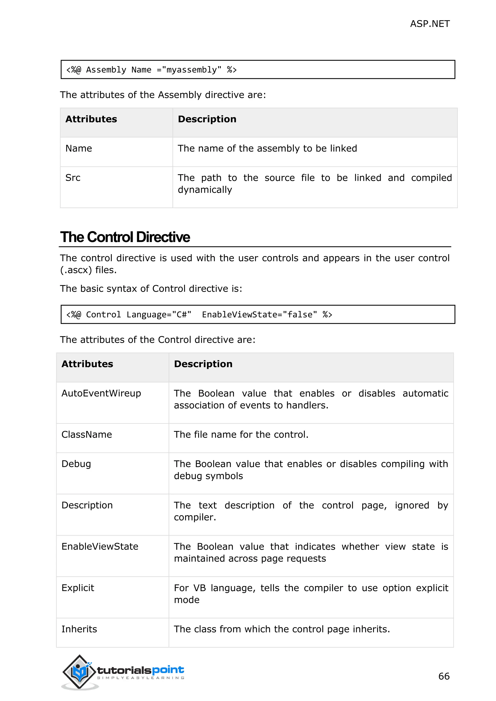 ASP.NET 66 <%@ Assembly Name ="myassembly" %> The attributes of the Assembly directive are: Attributes Description Name The name of the assembly to be linked Src The path to the source file to be linked and compiled dynamically TheControlDirective The control directive is used with the user controls and appears in the user control (.ascx) files. The basic syntax of Control directive is: <%@ Control Language="C#" EnableViewState="false" %> The attributes of the Control directive are: Attributes Description AutoEventWireup The Boolean value that enables or disables automatic association of events to handlers. ClassName The file name for the control. Debug The Boolean value that enables or disables compiling with debug symbols Description The text description of the control page, ignored by compiler. EnableViewState The Boolean value that indicates whether view state is maintained across page requests Explicit For VB language, tells the compiler to use option explicit mode Inherits The class from which the control page inherits. 