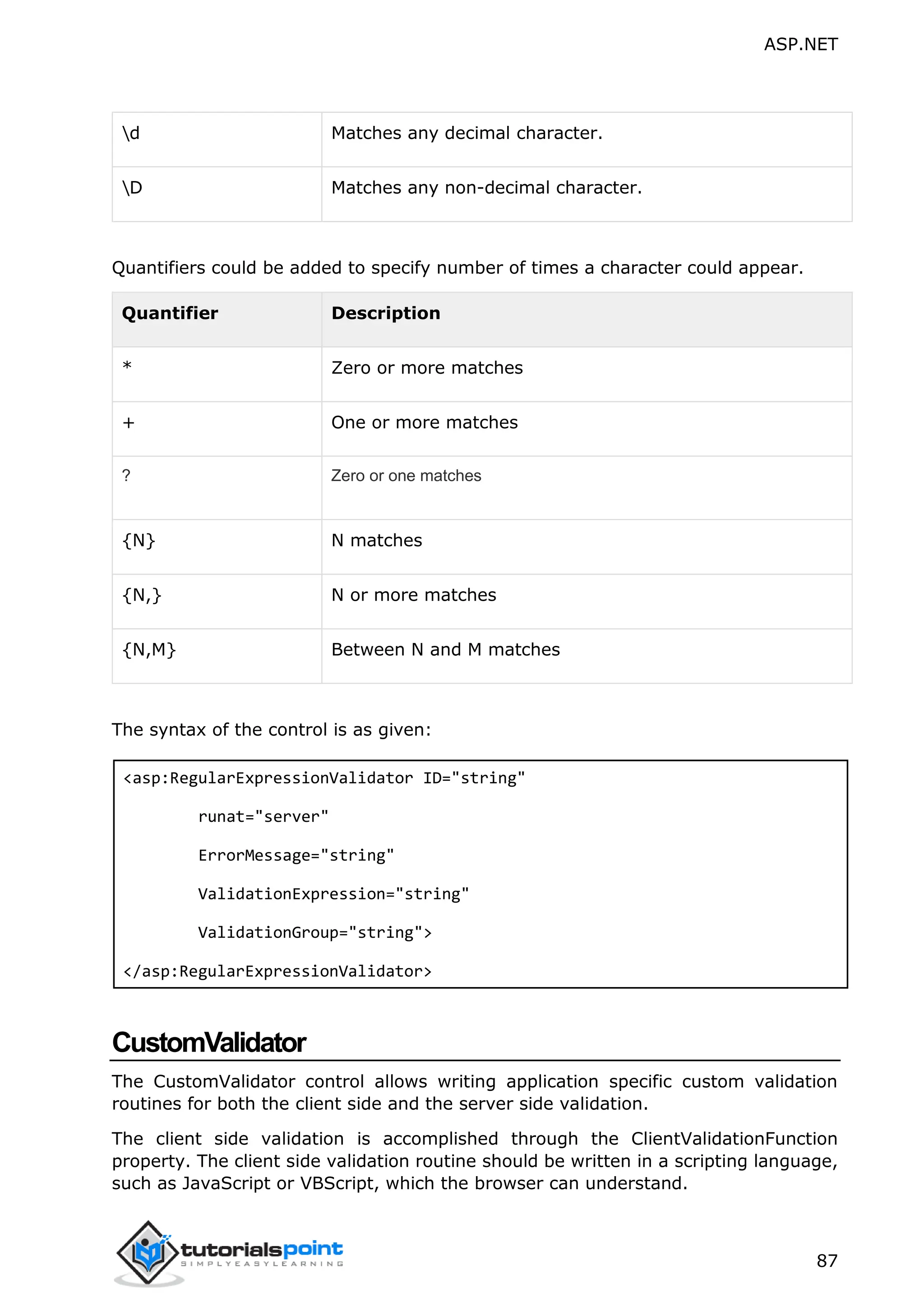 ASP.NET 87 d Matches any decimal character. D Matches any non-decimal character. Quantifiers could be added to specify number of times a character could appear. Quantifier Description * Zero or more matches + One or more matches ? Zero or one matches {N} N matches {N,} N or more matches {N,M} Between N and M matches The syntax of the control is as given: <asp:RegularExpressionValidator ID="string" runat="server" ErrorMessage="string" ValidationExpression="string" ValidationGroup="string"> </asp:RegularExpressionValidator> CustomValidator The CustomValidator control allows writing application specific custom validation routines for both the client side and the server side validation. The client side validation is accomplished through the ClientValidationFunction property. The client side validation routine should be written in a scripting language, such as JavaScript or VBScript, which the browser can understand. 