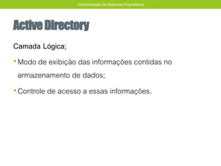 ActiveDirectory
Camada Lógica:
•Modo de exibição das informações contidas no
armazenamento de dados;
•Controle de acesso a essas informações.
Administração de Sistemas Proprietários
 