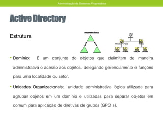 ActiveDirectory
Estrutura
• Domínio: É um conjunto de objetos que delimitam de maneira
administrativa o acesso aos objetos, delegando gerenciamento e funções
para uma localidade ou setor.
• Unidades Organizacionais: unidade administrativa lógica utilizada para
agrupar objetos em um domínio e utilizadas para separar objetos em
comum para aplicação de diretivas de grupos (GPO´s).
Administração de Sistemas Proprietários
 
