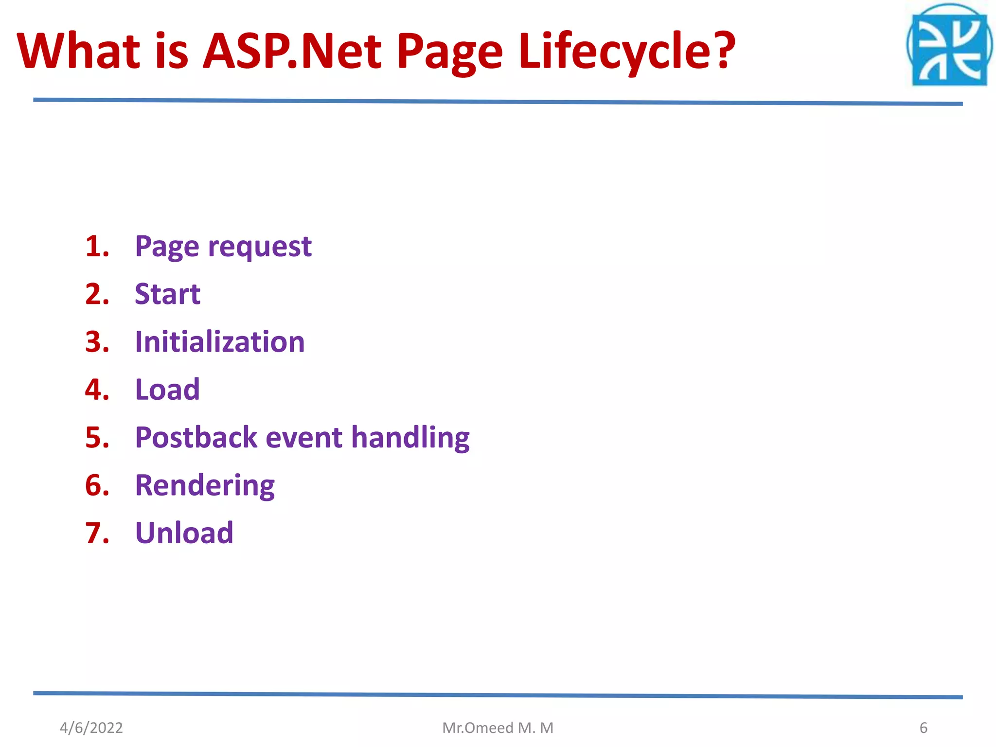 What is ASP.Net Page Lifecycle?
1. Page request
2. Start
3. Initialization
4. Load
5. Postback event handling
6. Rendering
7. Unload
4/6/2022 Mr.Omeed M. M 6
 