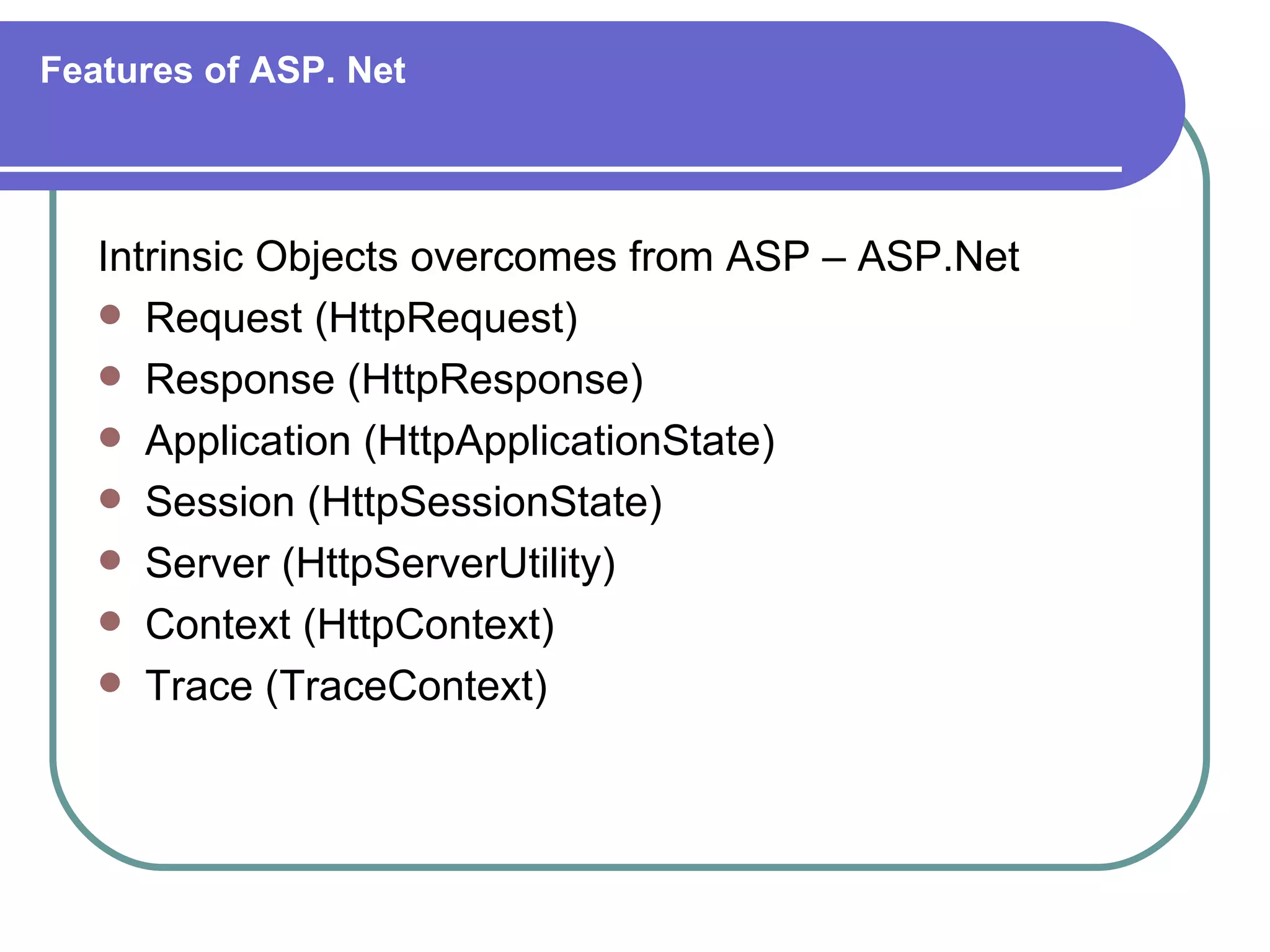 Features of ASP. Net




   Intrinsic Objects overcomes from ASP – ASP.Net
    Request (HttpRequest)
    Response (HttpResponse)
    Application (HttpApplicationState)
    Session (HttpSessionState)
    Server (HttpServerUtility)
    Context (HttpContext)
    Trace (TraceContext)
 