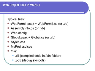 Web Project Files in VS.NET




   Typical files:
    WebForm1.aspx + WebForm1.cs (or .vb)
    AssemblyInfo.cs (or .vb)
    Web.config
    Global.asax + Global.cs (or .vb)
    Styles.css
    MyProj.vsdisco
    /bin:
       .dll (compiled code in /bin folder)

       .pdb (debug symbols)
 