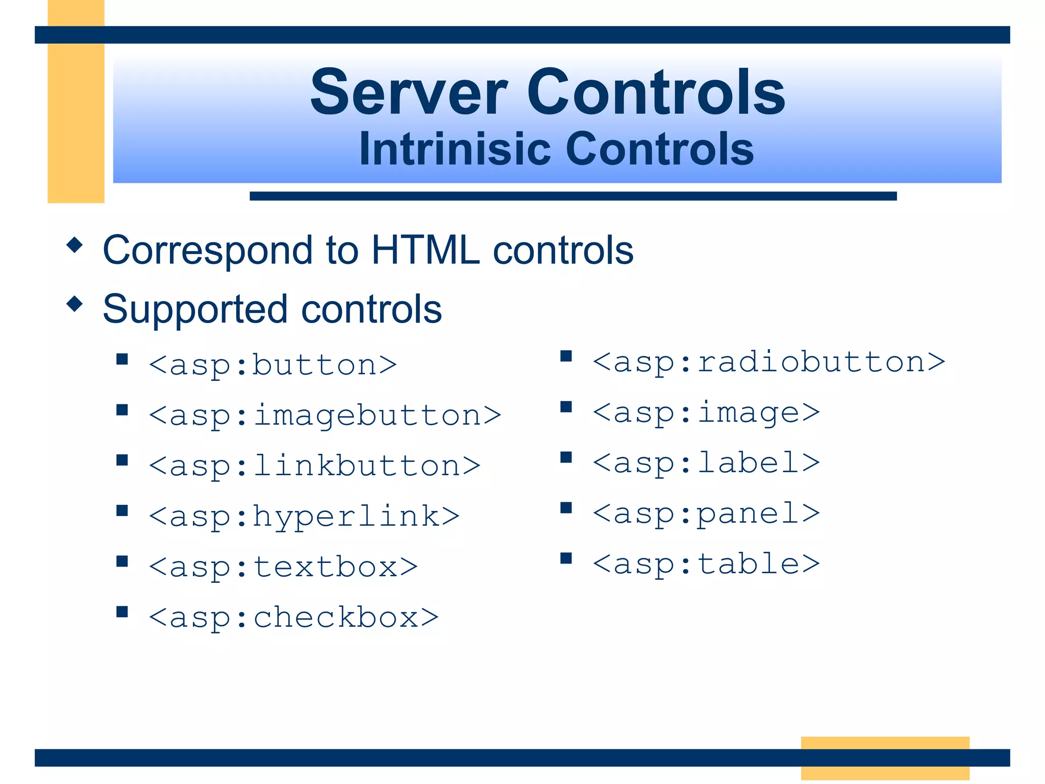 Server Controls
                Intrinisic Controls

 Correspond to HTML controls
 Supported controls
     <asp:button>           <asp:radiobutton>
     <asp:imagebutton>      <asp:image>
     <asp:linkbutton>       <asp:label>
     <asp:hyperlink>        <asp:panel>
     <asp:textbox>          <asp:table>
     <asp:checkbox>



                                          Slide 59 of 72
 