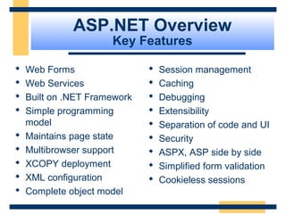 ASP.NET Overview
                      Key Features

   Web Forms                    Session management
   Web Services                 Caching
   Built on .NET Framework      Debugging
   Simple programming           Extensibility
    model                        Separation of code and UI
   Maintains page state         Security
   Multibrowser support         ASPX, ASP side by side
   XCOPY deployment             Simplified form validation
   XML configuration            Cookieless sessions
   Complete object model
                                                   Slide 15 of 72
 